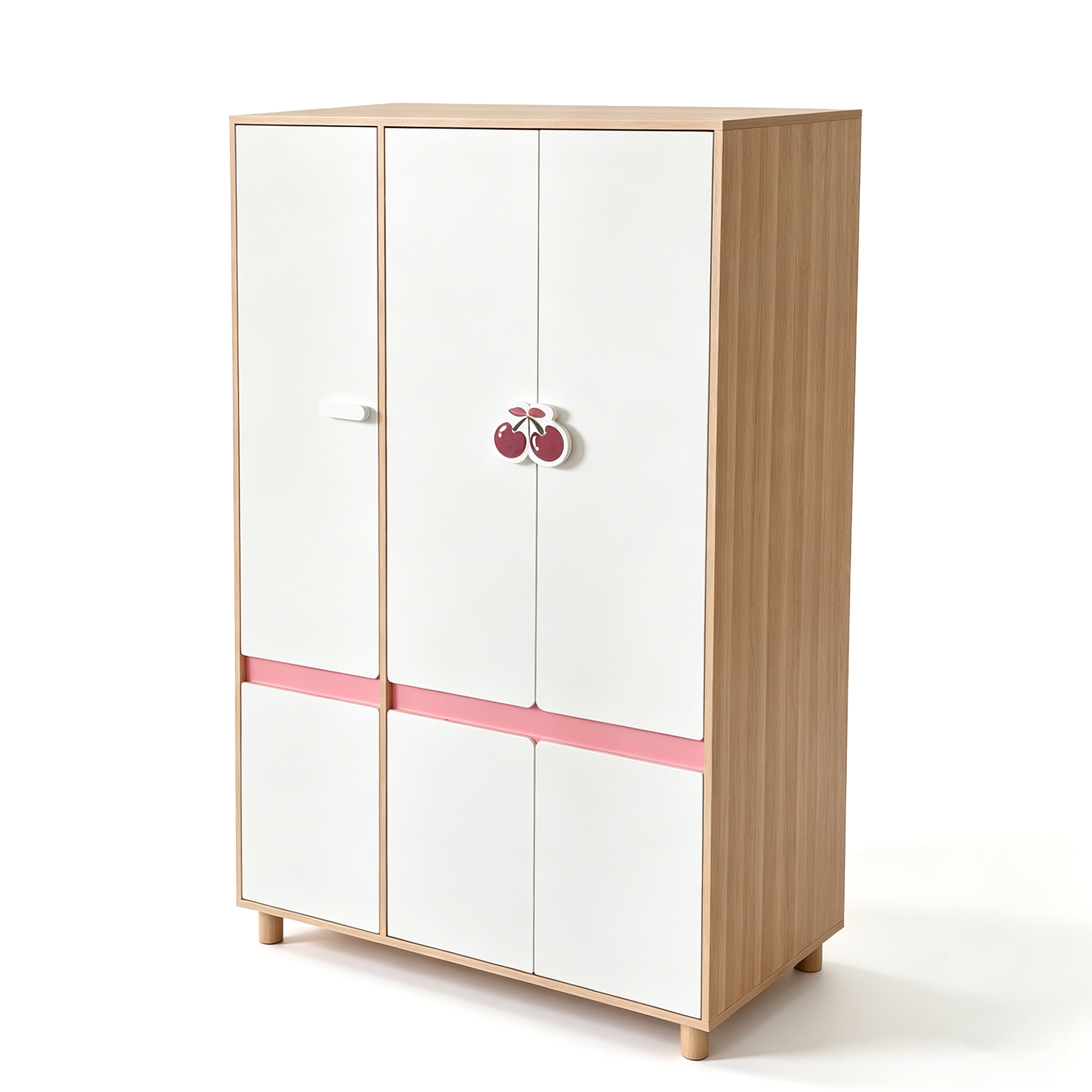 Children's Three-Wing Wardrobe GINGER HOME CHERRY, with Shelves, Hanger Lever and 6 Doors, White, Pink and Natural Wood, 120x60x180 cm