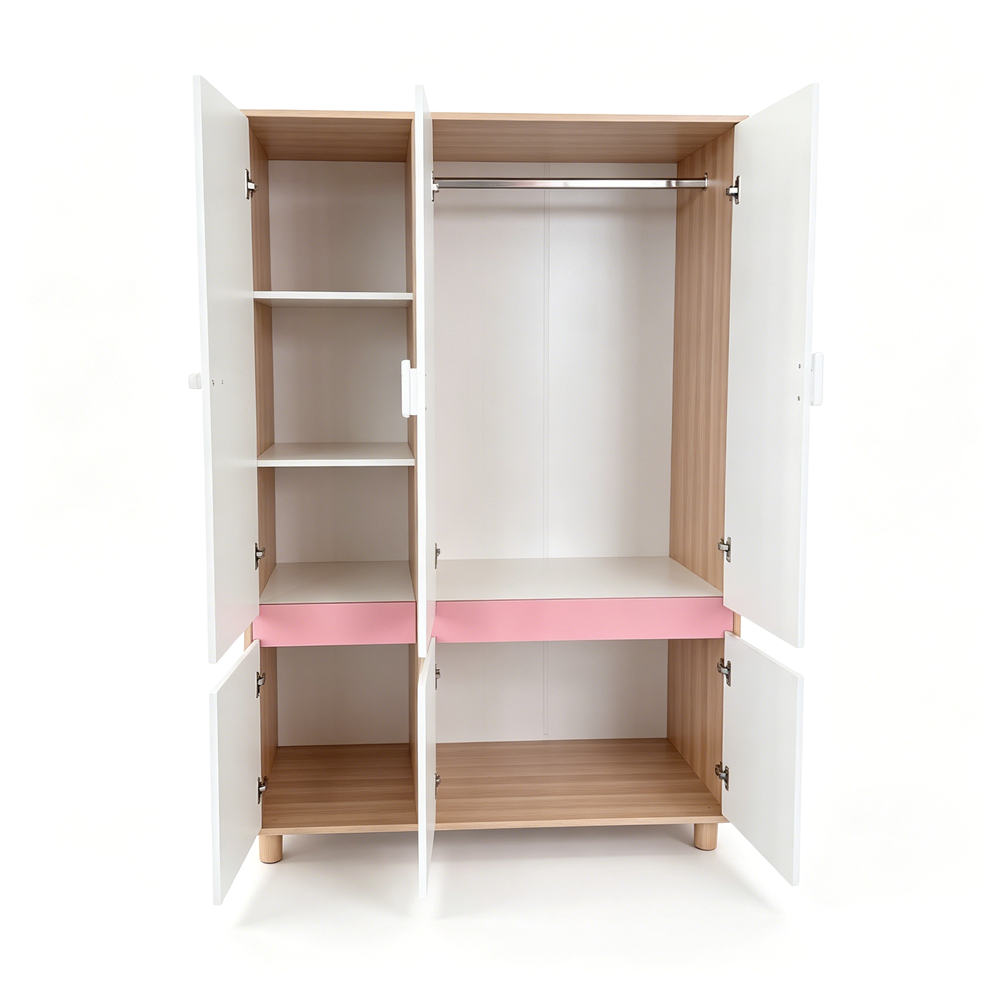Children's Three-Wing Wardrobe GINGER HOME CHERRY, with Shelves, Hanger Lever and 6 Doors, White, Pink and Natural Wood, 120x60x180 cm