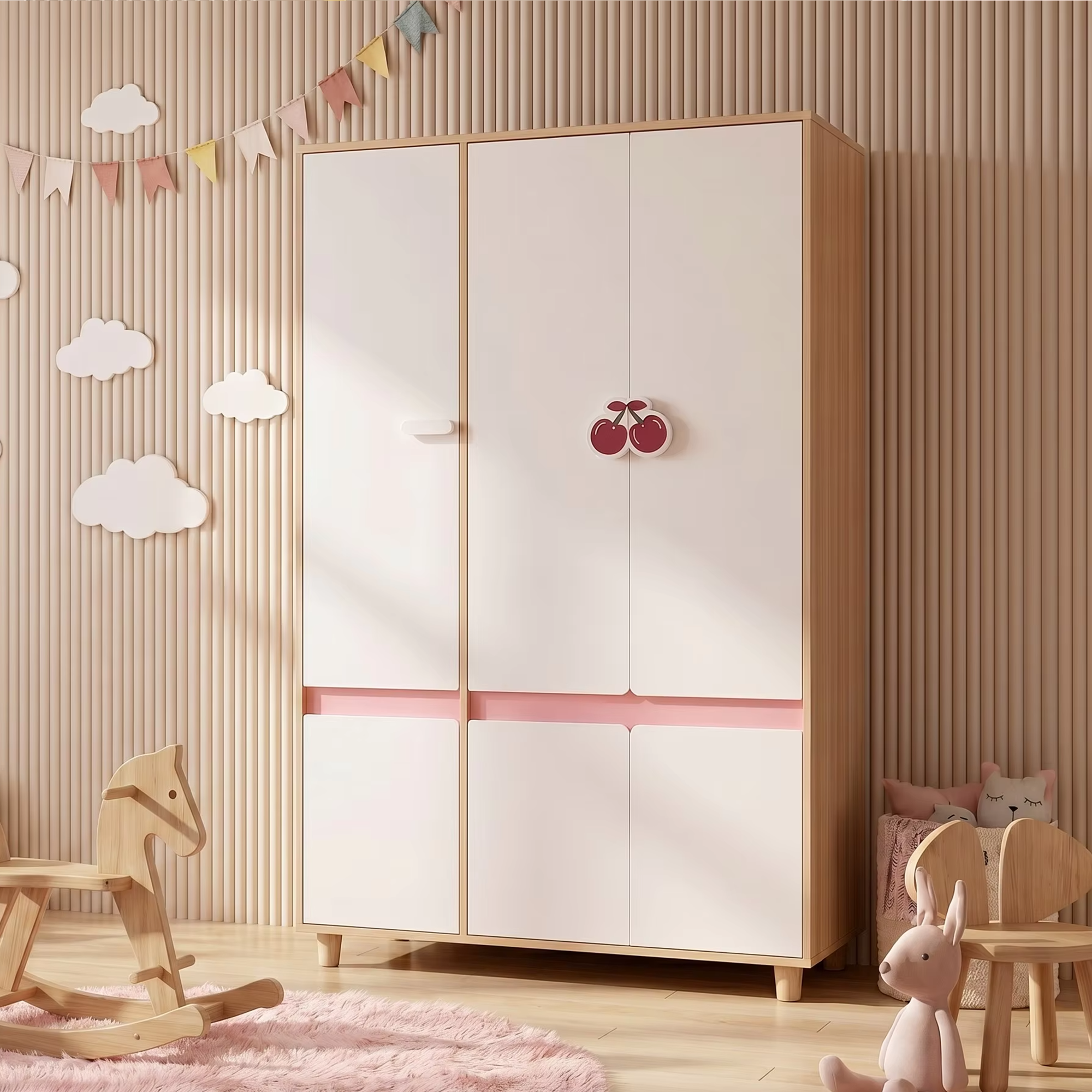 Children's Three-Wing Wardrobe GINGER HOME CHERRY, with Shelves, Hanger Lever and 6 Doors, White, Pink and Natural Wood, 120x60x180 cm
