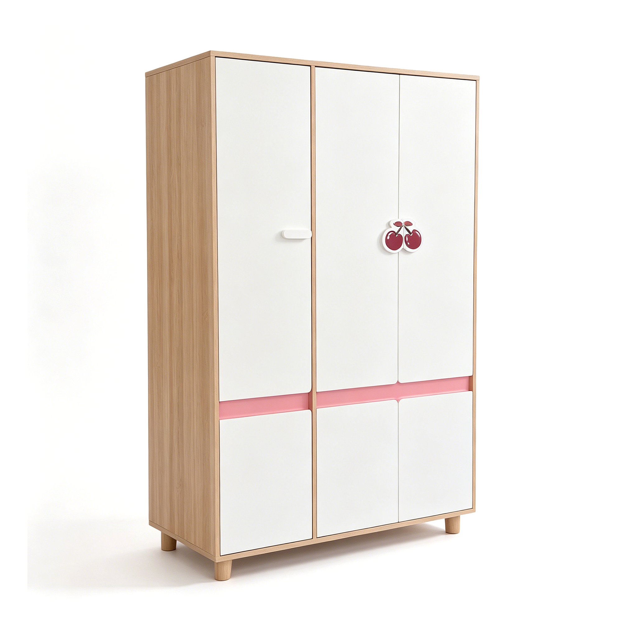 Children's Three-Wing Wardrobe GINGER HOME CHERRY, with Shelves, Hanger Lever and 6 Doors, White, Pink and Natural Wood, 120x60x180 cm