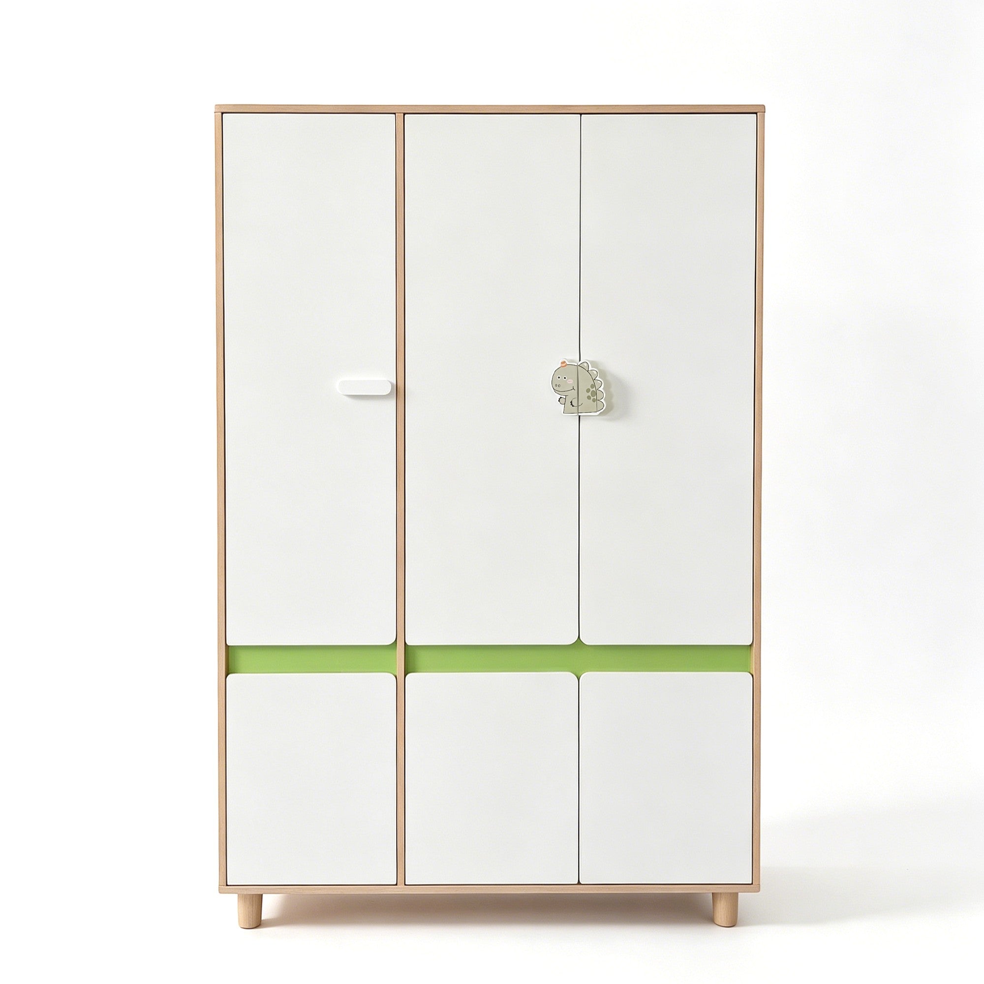 Children's Three-Wing Wardrobe GINGER HOME DINO, with Shelves, Hanger Lever and 6 Doors, White, Green and Natural Wood, 120x60x180 cm