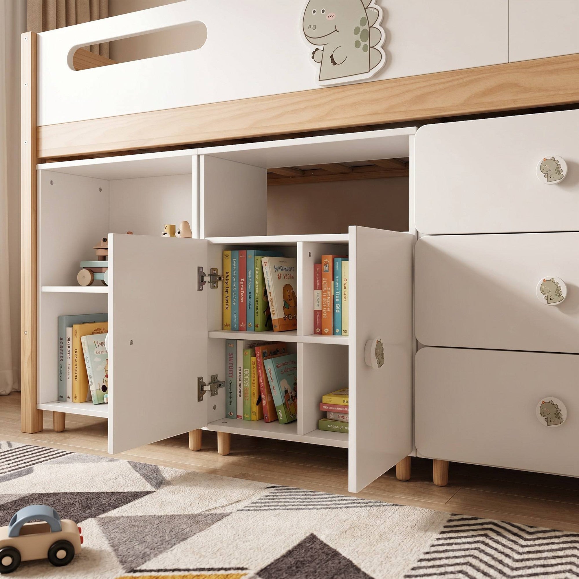 Children's Three-Wing Wardrobe GINGER HOME DINO, with Shelves, Hanger Lever and 6 Doors, White, Green and Natural Wood, 120x60x180 cm