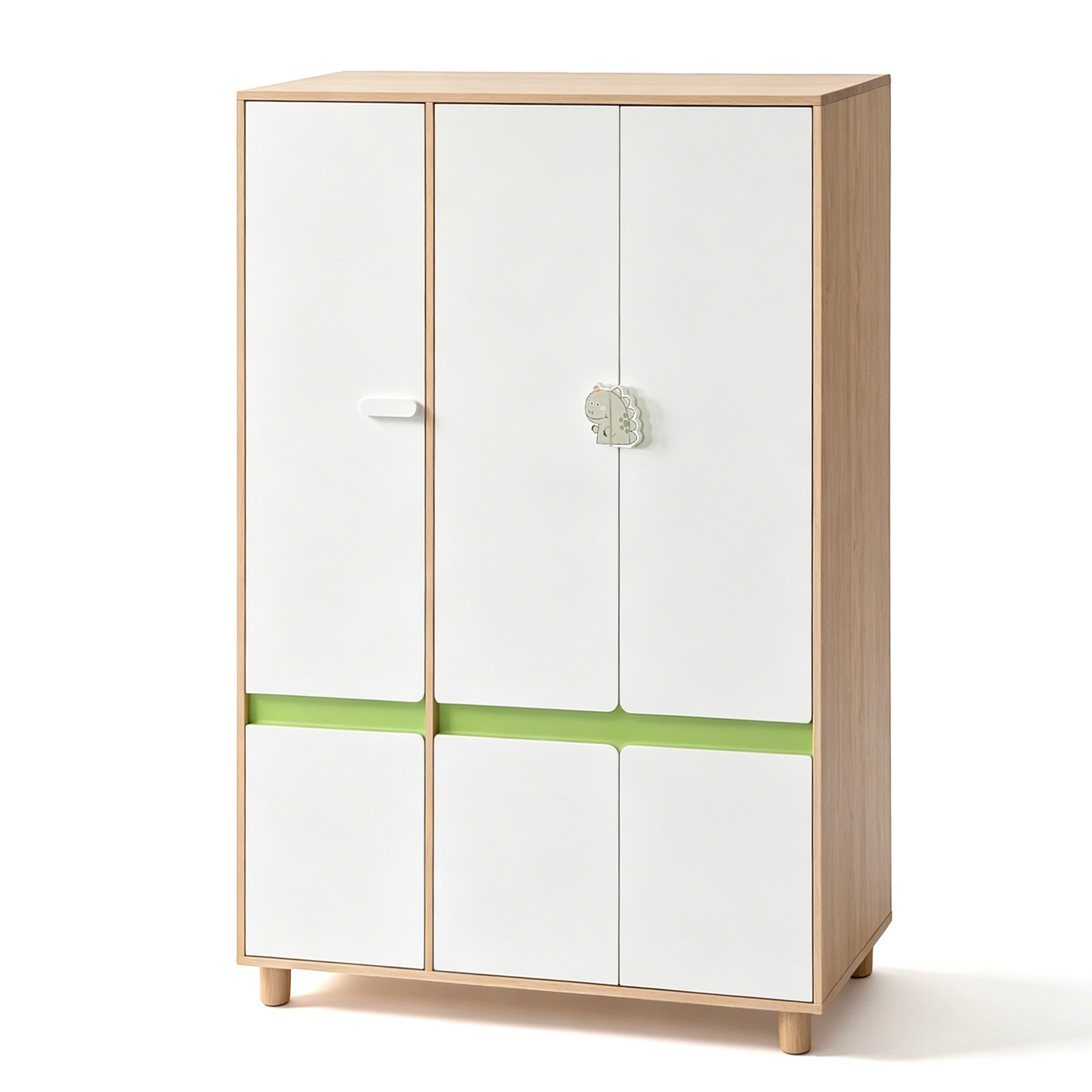 Children's Three-Wing Wardrobe GINGER HOME DINO, with Shelves, Hanger Lever and 6 Doors, White, Green and Natural Wood, 120x60x180 cm
