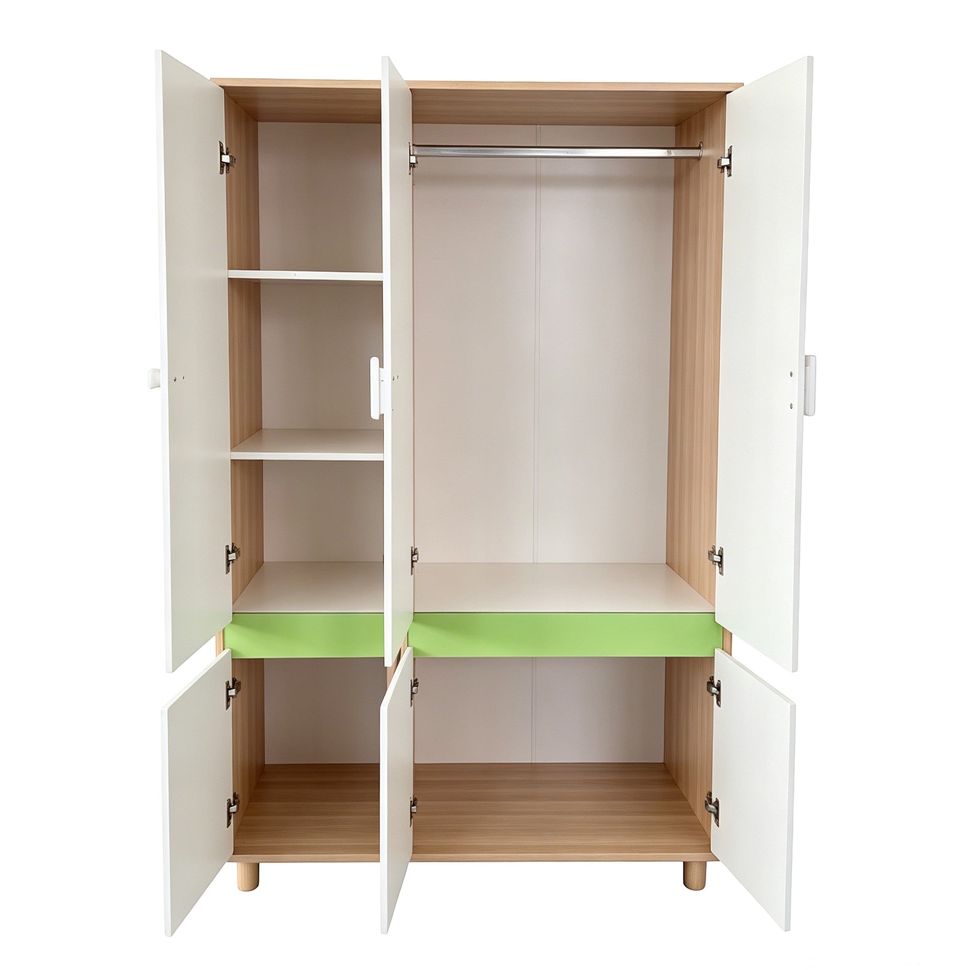 Children's Three-Wing Wardrobe GINGER HOME DINO, with Shelves, Hanger Lever and 6 Doors, White, Green and Natural Wood, 120x60x180 cm
