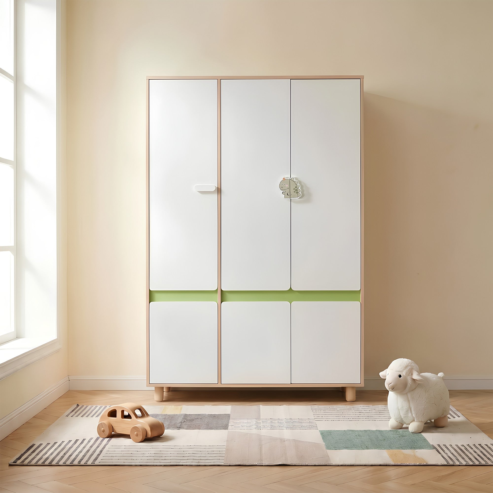 Children's Three-Wing Wardrobe GINGER HOME DINO, with Shelves, Hanger Lever and 6 Doors, White, Green and Natural Wood, 120x60x180 cm