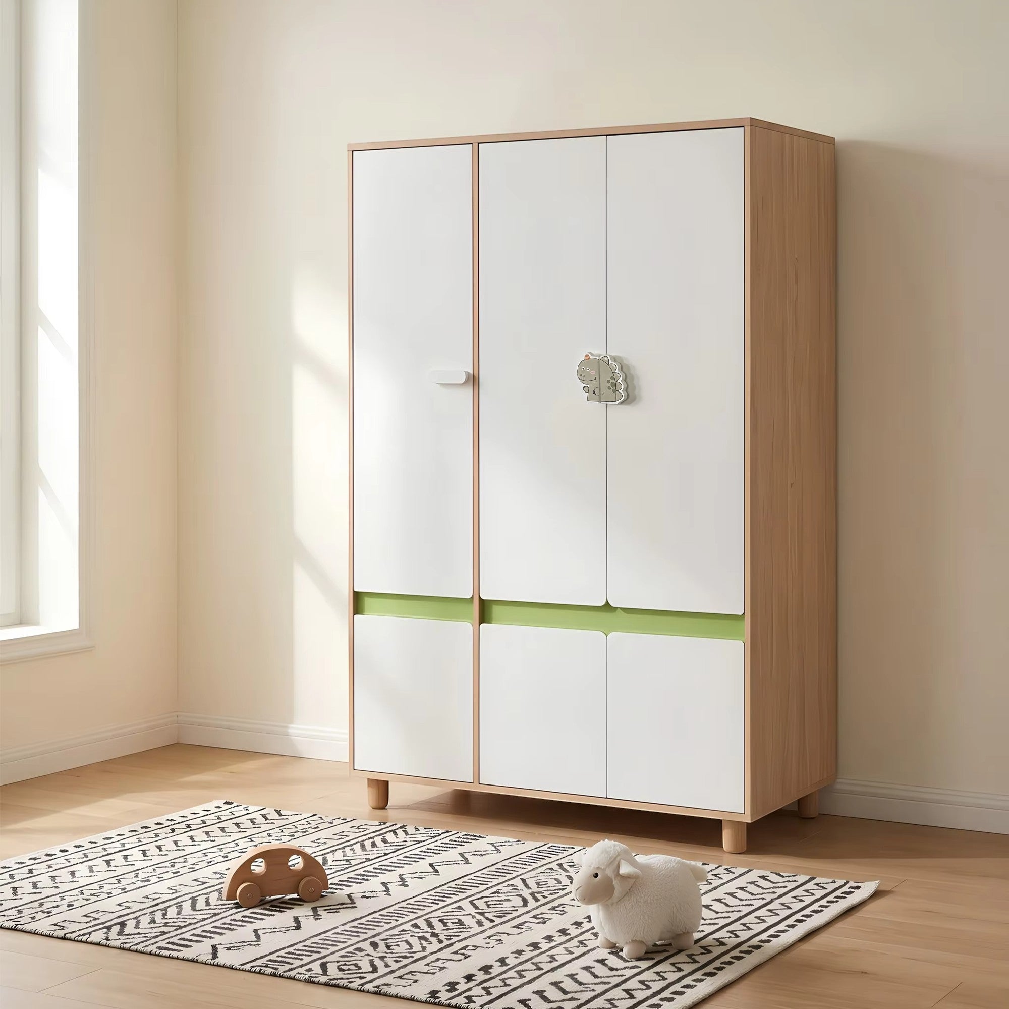 Children's Three-Wing Wardrobe GINGER HOME DINO, with Shelves, Hanger Lever and 6 Doors, White, Green and Natural Wood, 120x60x180 cm
