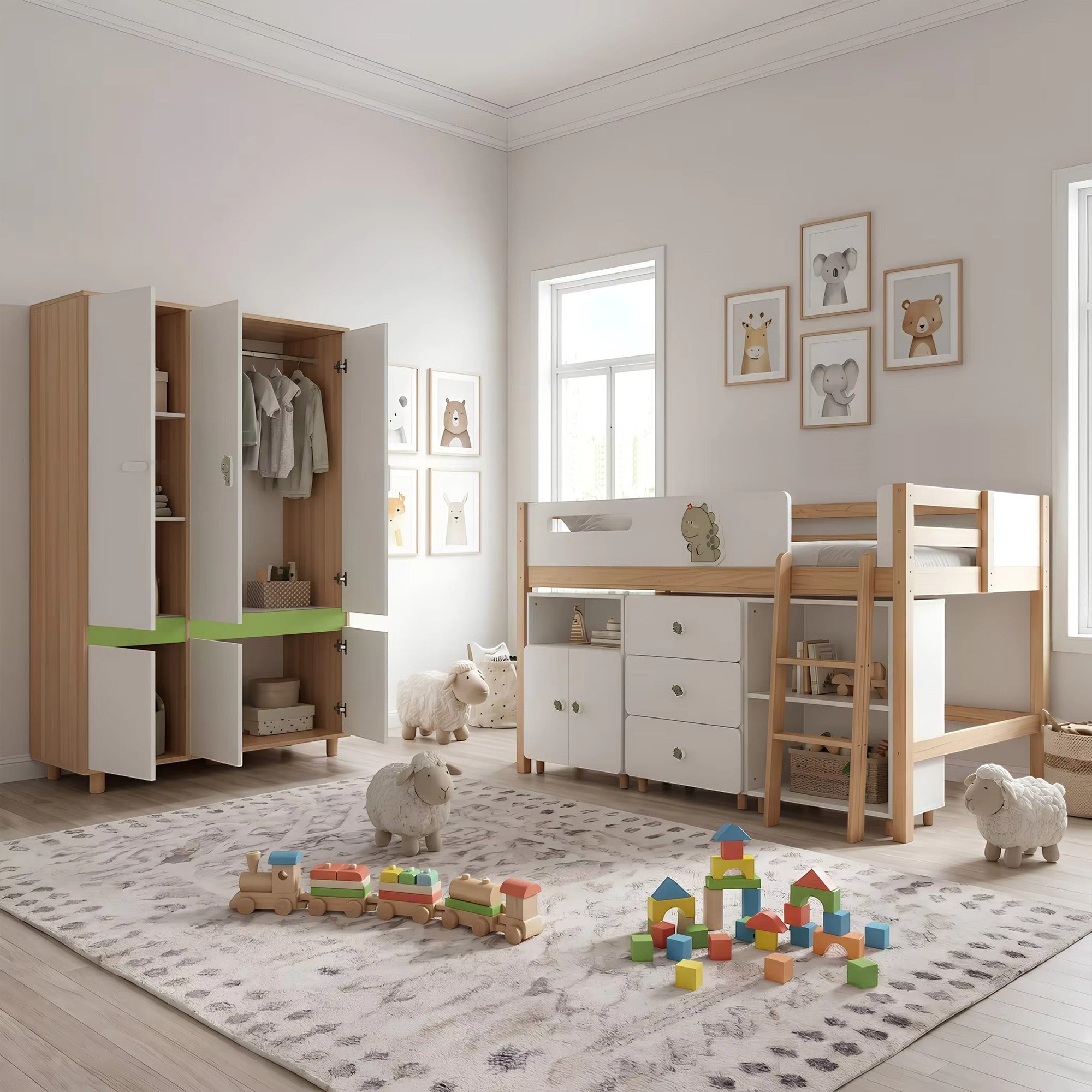 Children's Three-Wing Wardrobe GINGER HOME DINO, with Shelves, Hanger Lever and 6 Doors, White, Green and Natural Wood, 120x60x180 cm