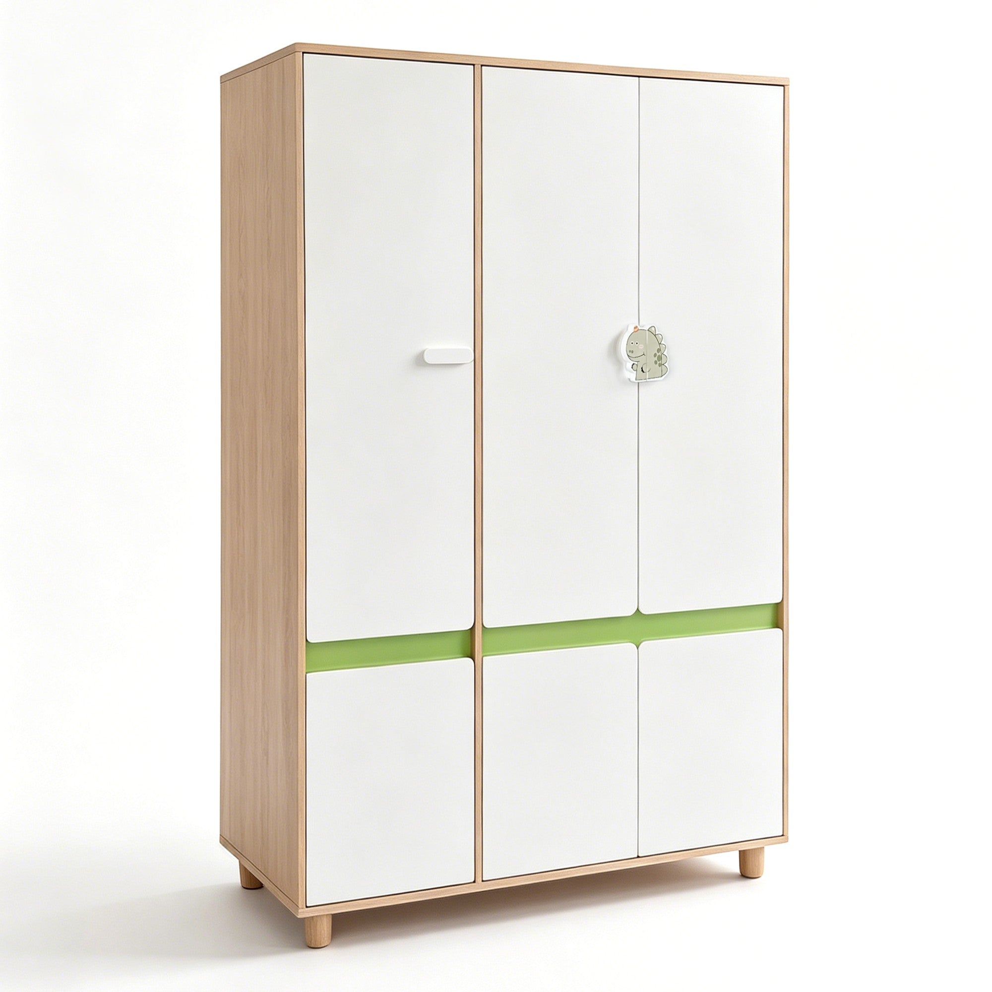 Children's Three-Wing Wardrobe GINGER HOME DINO, with Shelves, Hanger Lever and 6 Doors, White, Green and Natural Wood, 120x60x180 cm