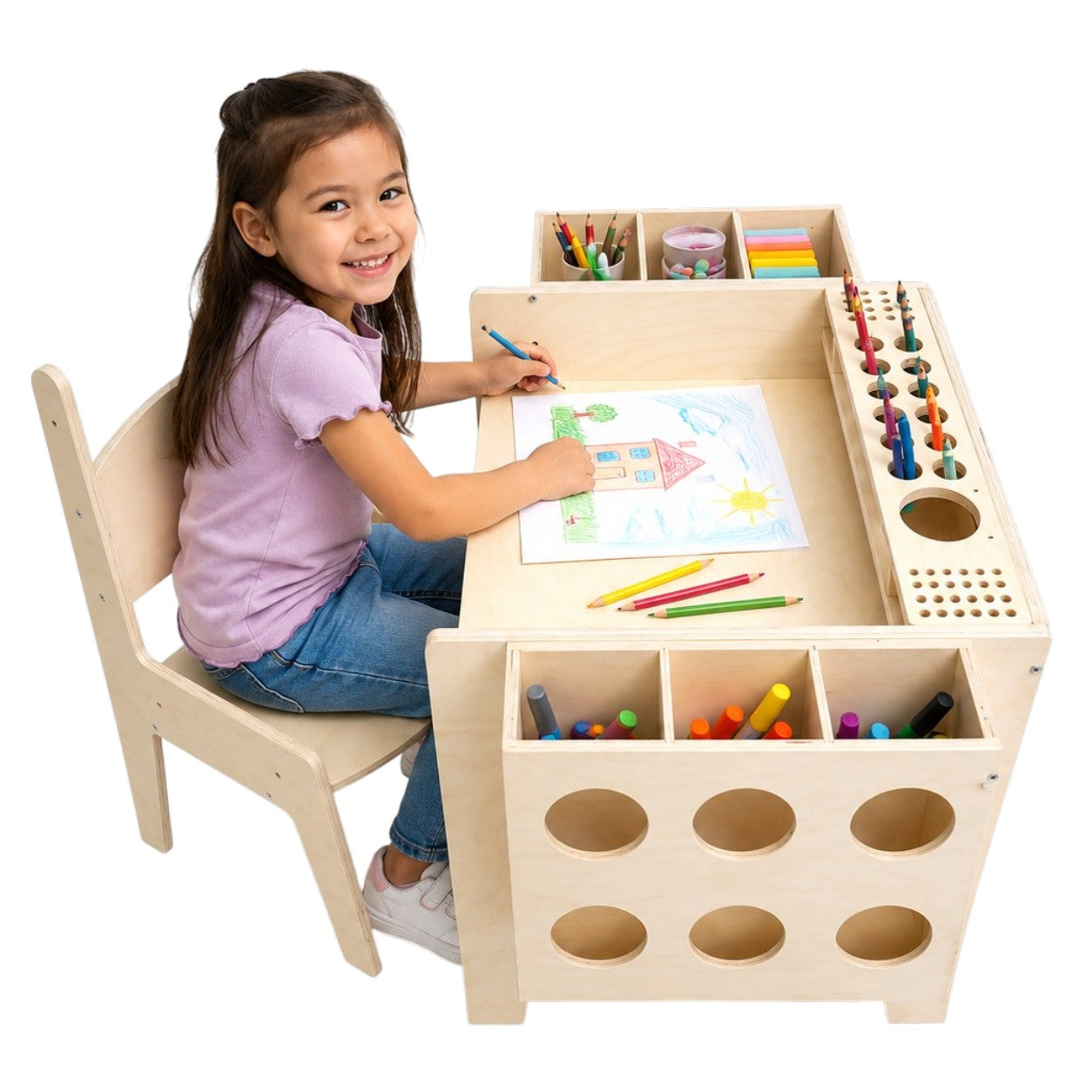 GINGER HOME Children's Wooden Desk with Adjustable Chair and Organizer, Montessori Drawing Table, Educational Set for Children, Natural Wood, 77x50x52 cm