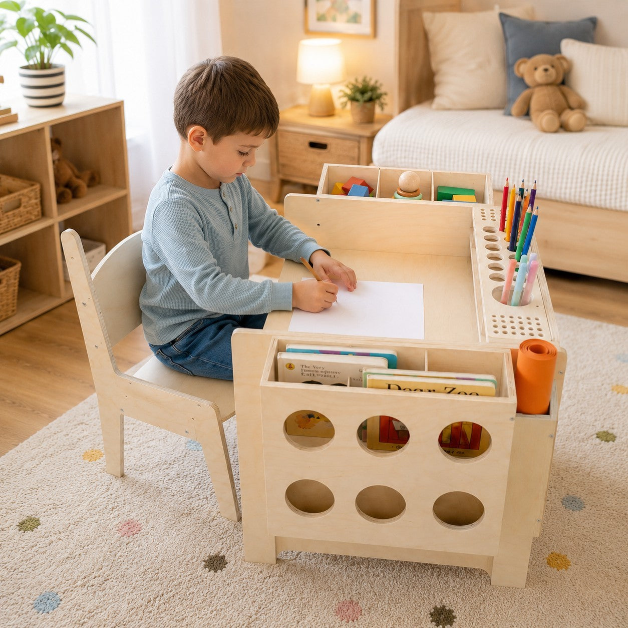 GINGER HOME Children's Wooden Desk with Adjustable Chair and Organizer, Montessori Drawing Table, Educational Set for Children, Natural Wood, 77x50x52 cm