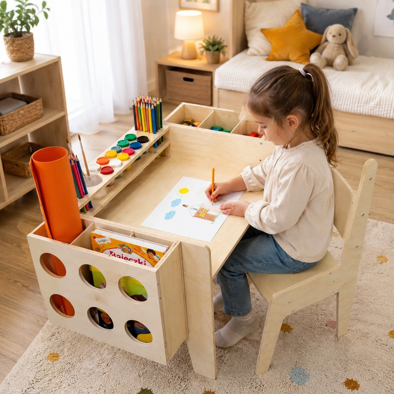 GINGER HOME Children's Wooden Desk with Adjustable Chair and Organizer, Montessori Drawing Table, Educational Set for Children, Natural Wood, 77x50x52 cm