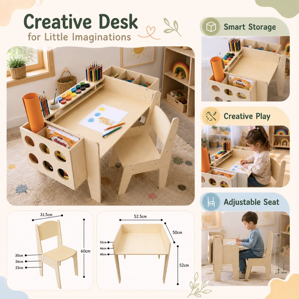 GINGER HOME Children's Wooden Desk with Adjustable Chair and Organizer, Montessori Drawing Table, Educational Set for Children, Natural Wood, 77x50x52 cm