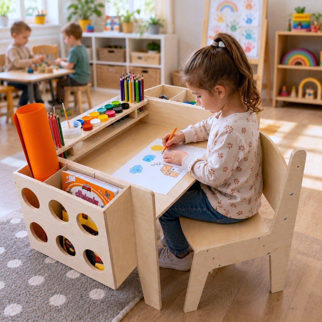 GINGER HOME Children's Wooden Desk with Adjustable Chair and Organizer, Montessori Drawing Table, Educational Set for Children, Natural Wood, 77x50x52 cm