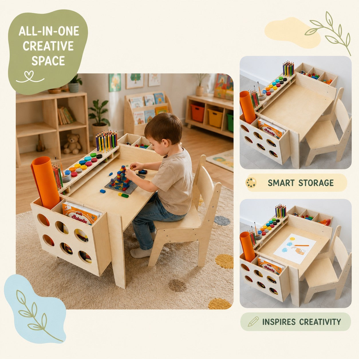 GINGER HOME Children's Wooden Desk with Adjustable Chair and Organizer, Montessori Drawing Table, Educational Set for Children, Natural Wood, 77x50x52 cm