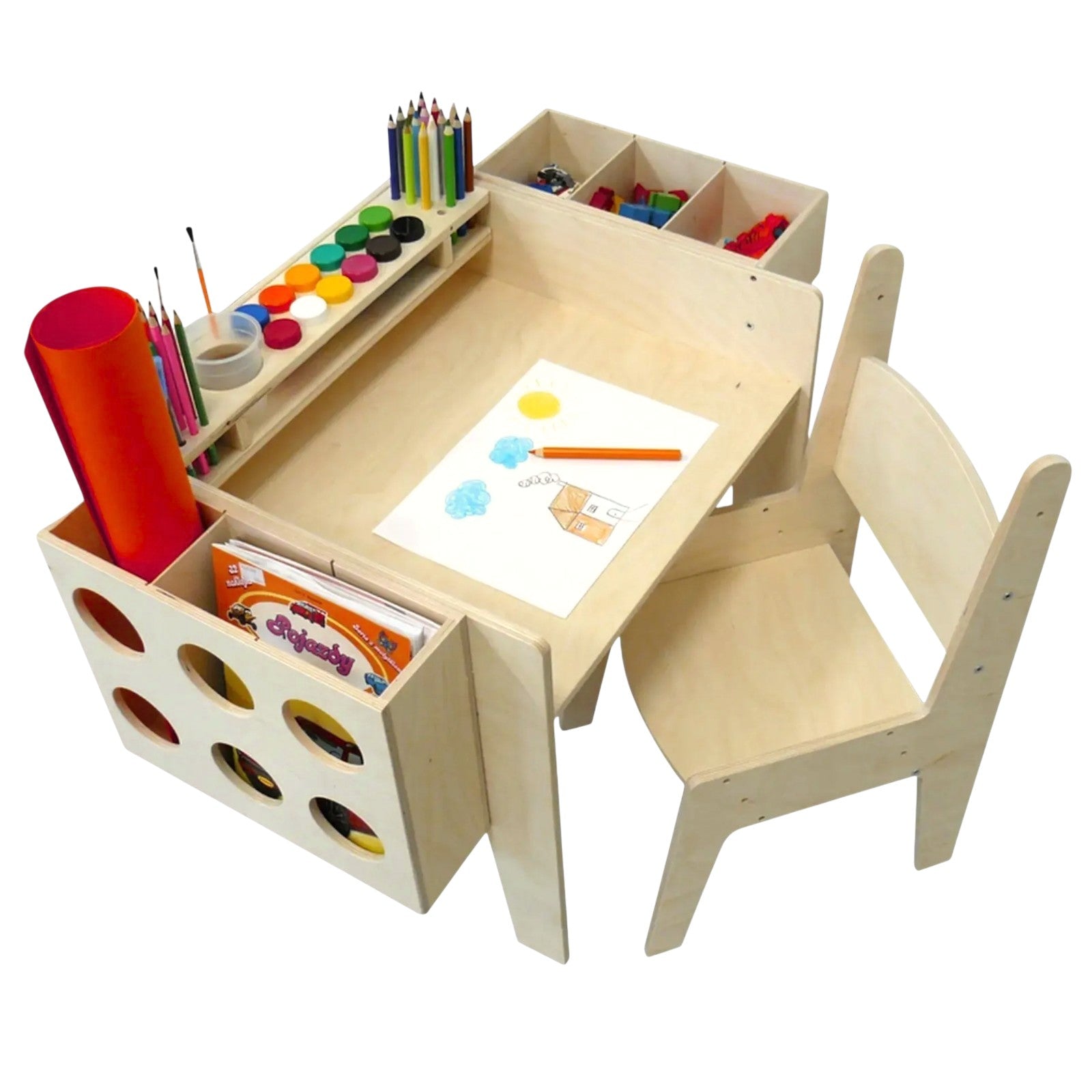 GINGER HOME Children's Wooden Desk with Adjustable Chair and Organizer, Montessori Drawing Table, Educational Set for Children, Natural Wood, 77x50x52 cm