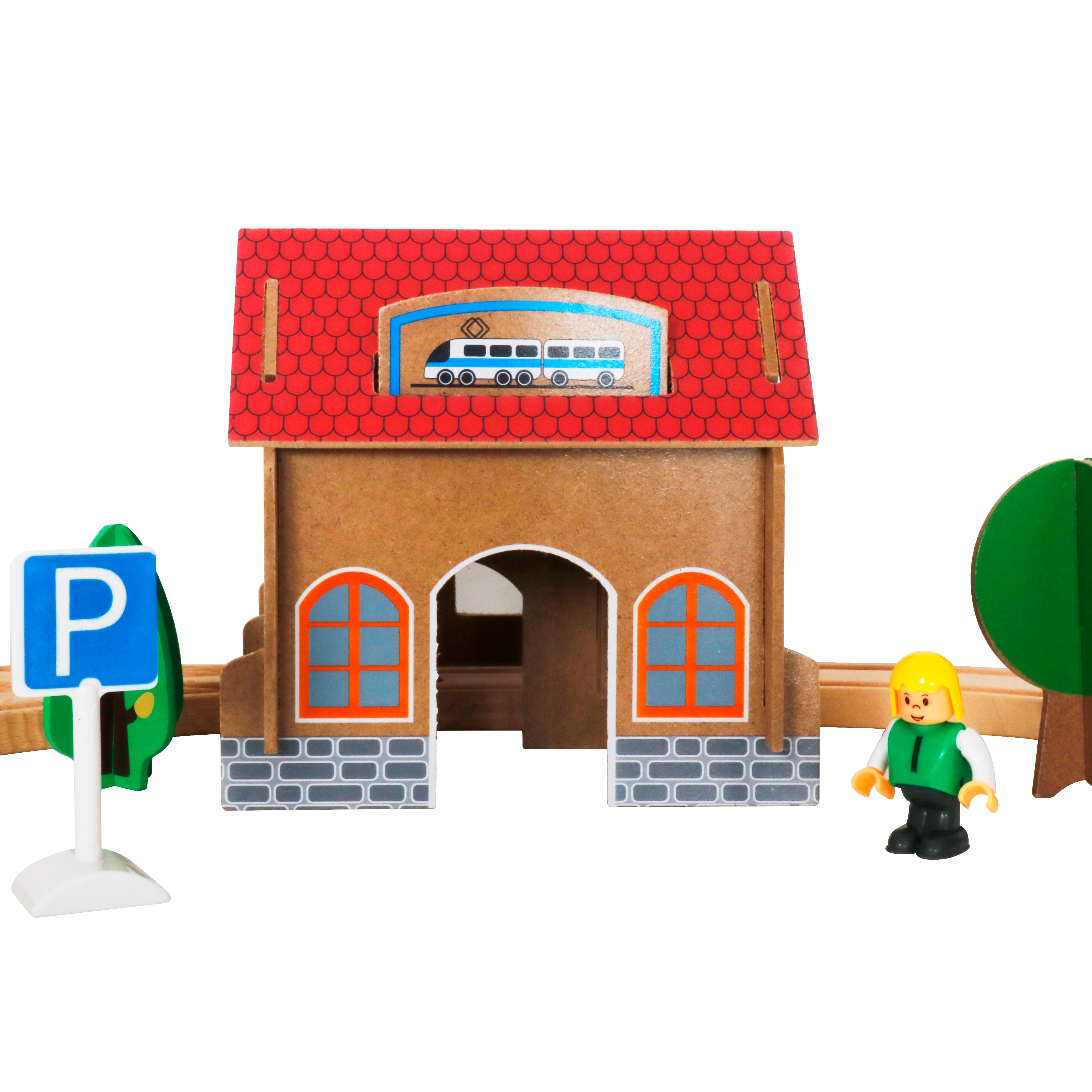 Детско Дървено Влакче - Комплект 88 части с Локомотив на Батерии