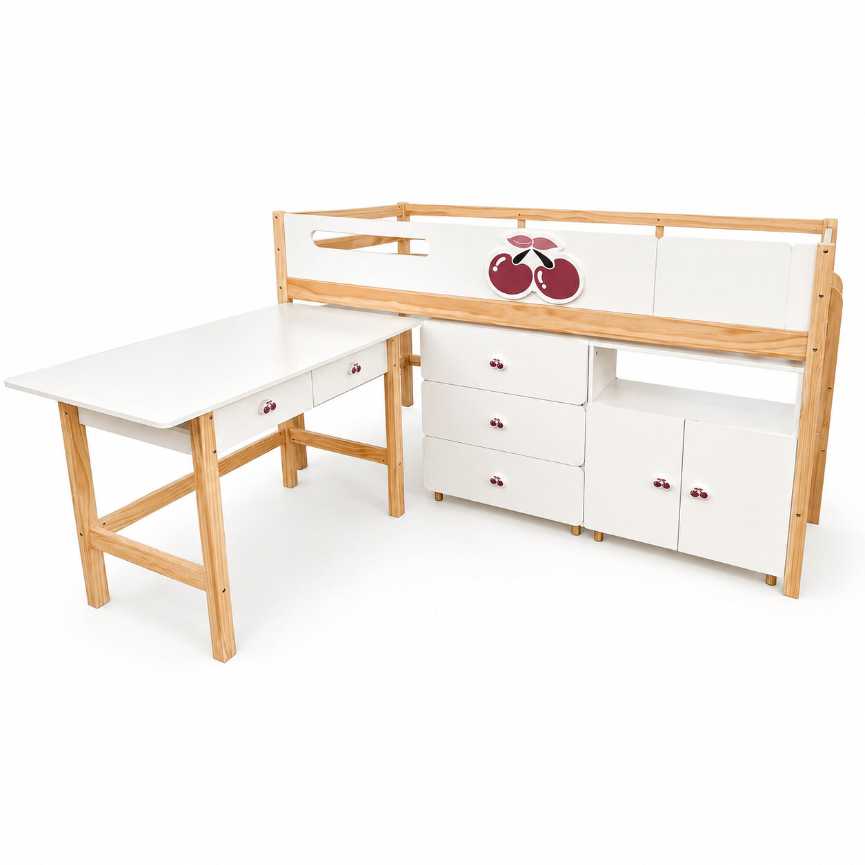 Детско Комбинирано Легло GINGER HOME CHERRY с Бюро, Скрин, Шкаф и Подматрачна Рамка, 90x200 см