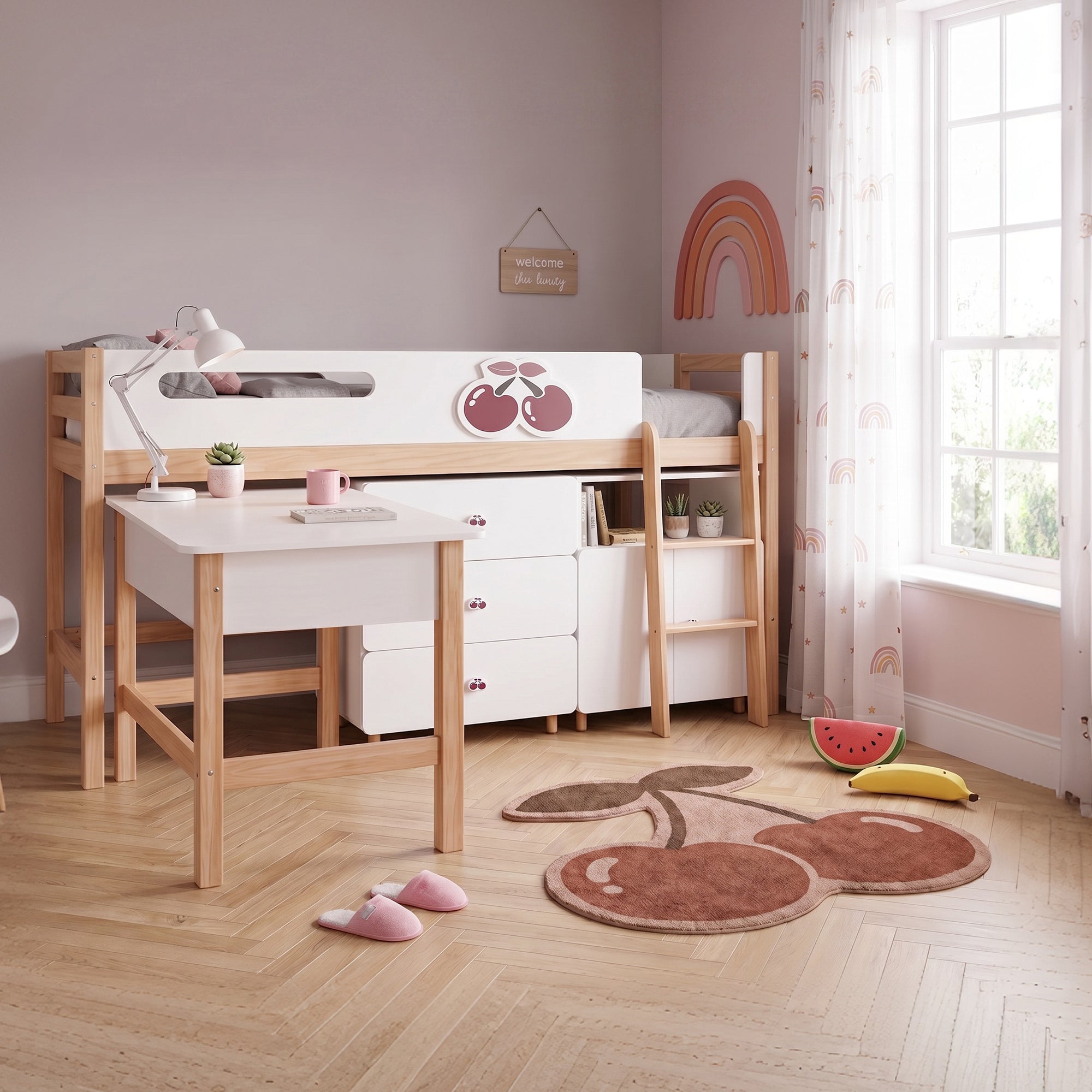 Детско Комбинирано Легло GINGER HOME CHERRY с Бюро, Скрин, Шкаф и Подматрачна Рамка, 90x200 см