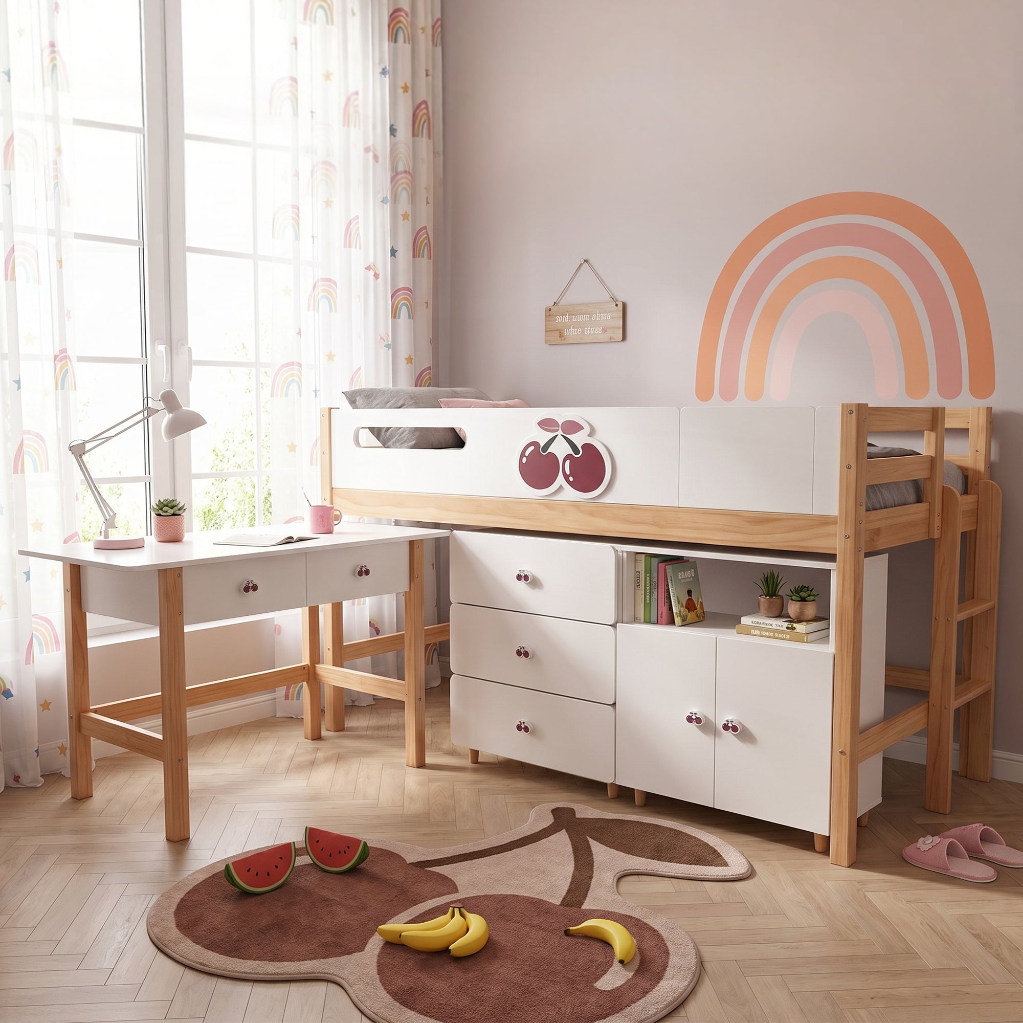Детско Комбинирано Легло GINGER HOME CHERRY с Бюро, Скрин, Шкаф и Подматрачна Рамка, 90x200 см