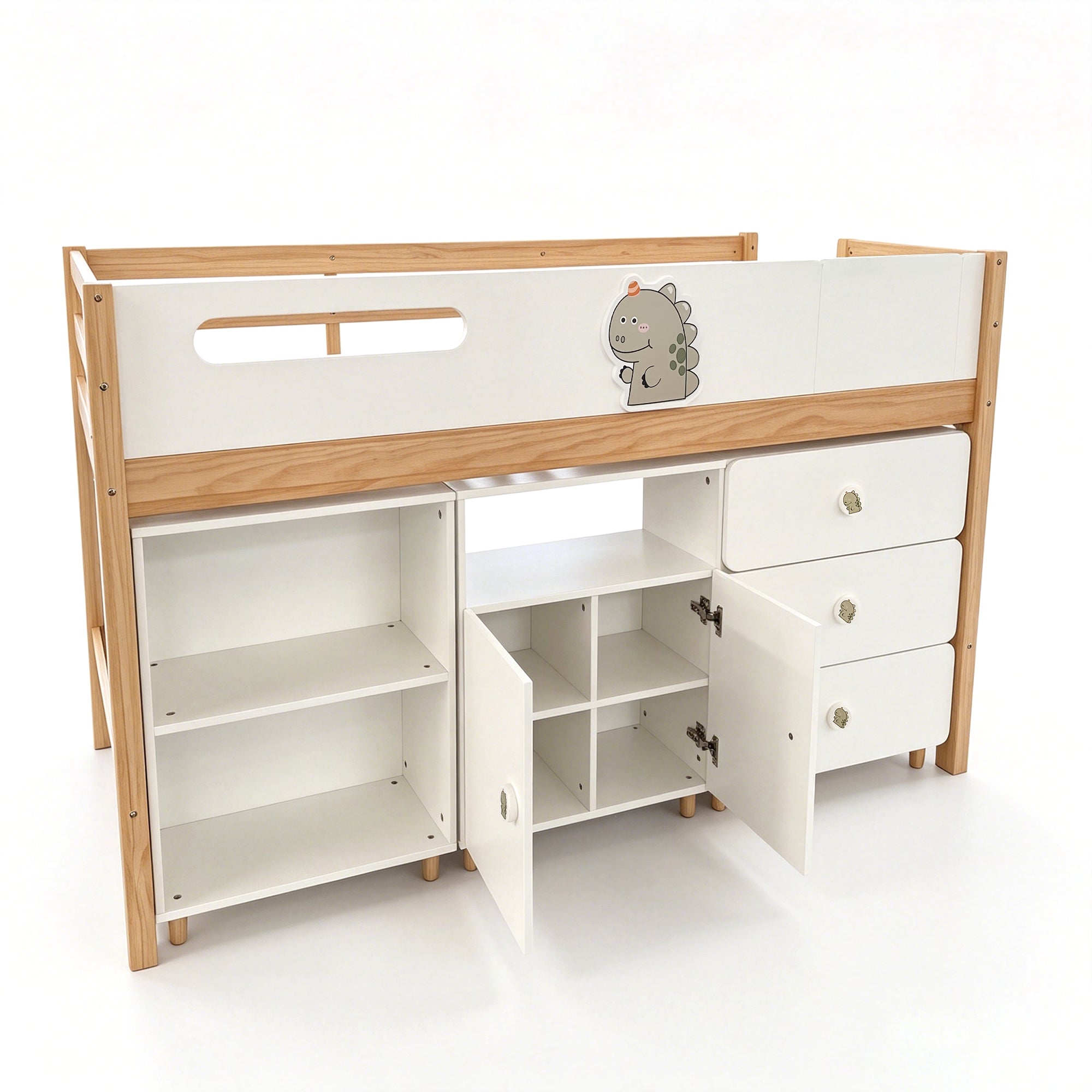 Children's Combined Bed GINGER HOME DINO with Shelves, Wardrobe, Chest of Drawers and Mattress Frame, 90x200 cm