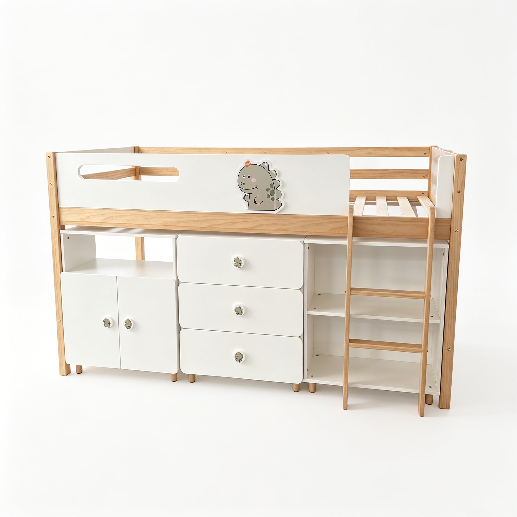 Children's Combined Bed GINGER HOME DINO with Shelves, Wardrobe, Chest of Drawers and Mattress Frame, 90x200 cm