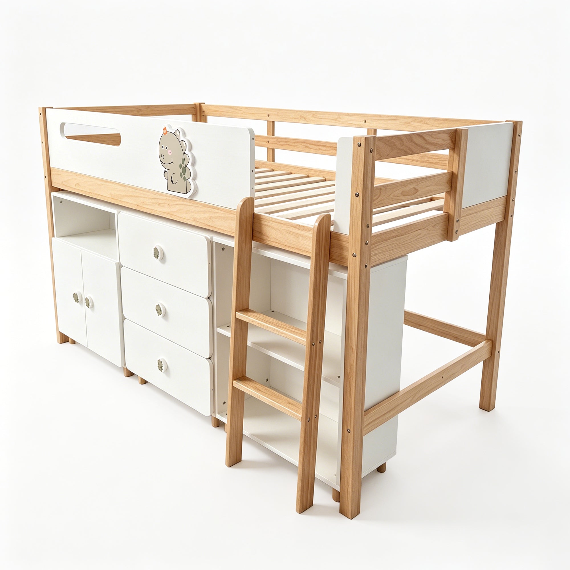 Children's Combined Bed GINGER HOME DINO with Shelves, Wardrobe, Chest of Drawers and Mattress Frame, 90x200 cm