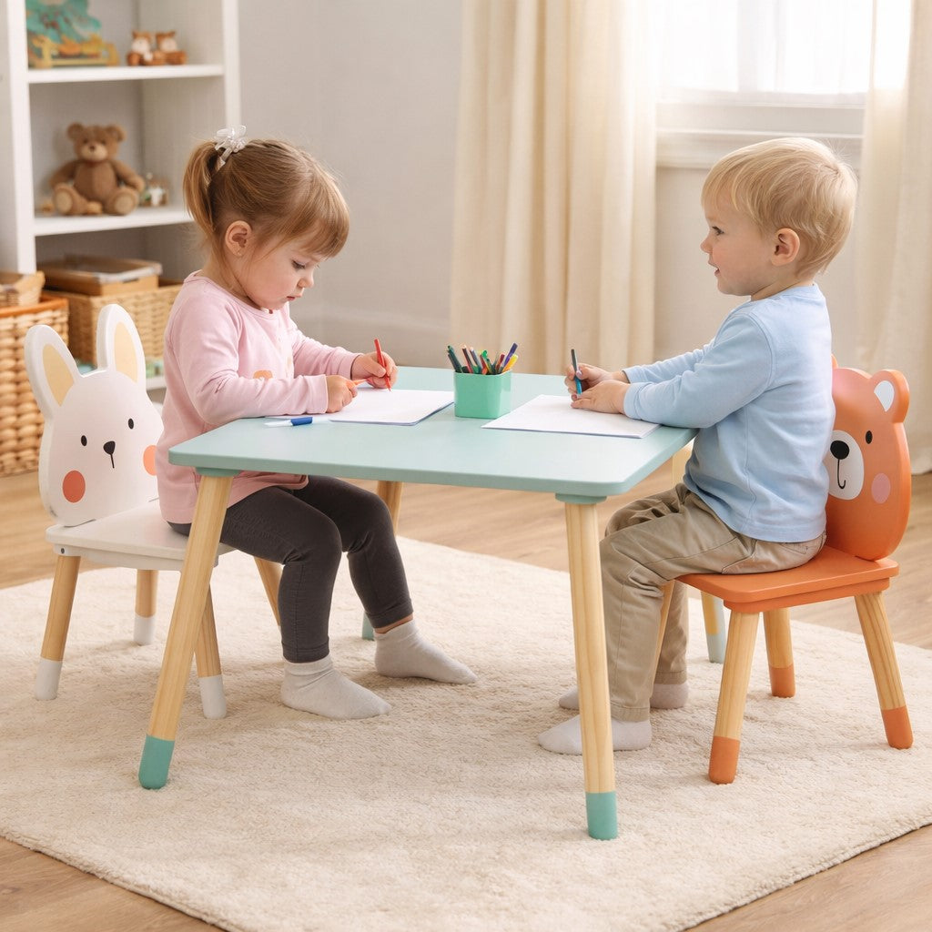 Children's Wooden Table with 2 Chairs GINGER HOME – Bear and Bunny, Play and Learning Set