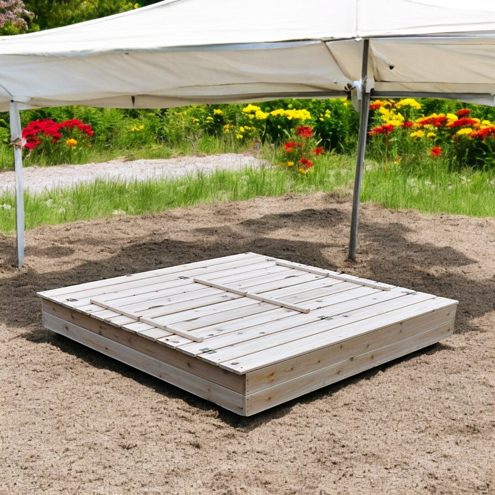 Голям Детски Пясъчник с Пейки и Сгъваем Капак GINGER HOME 157x157x21см, Дървен