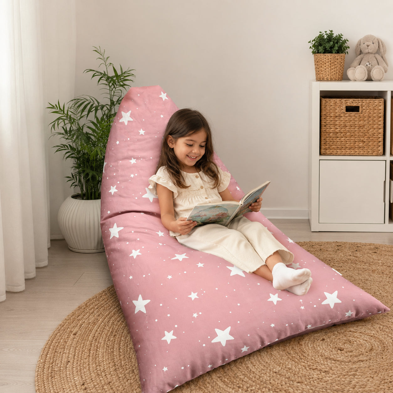 Children's Pouf Lounger GINGER HOME Little Stars, 100% Cotton, Pink Barbaron with Stars, 127x81x76 cm