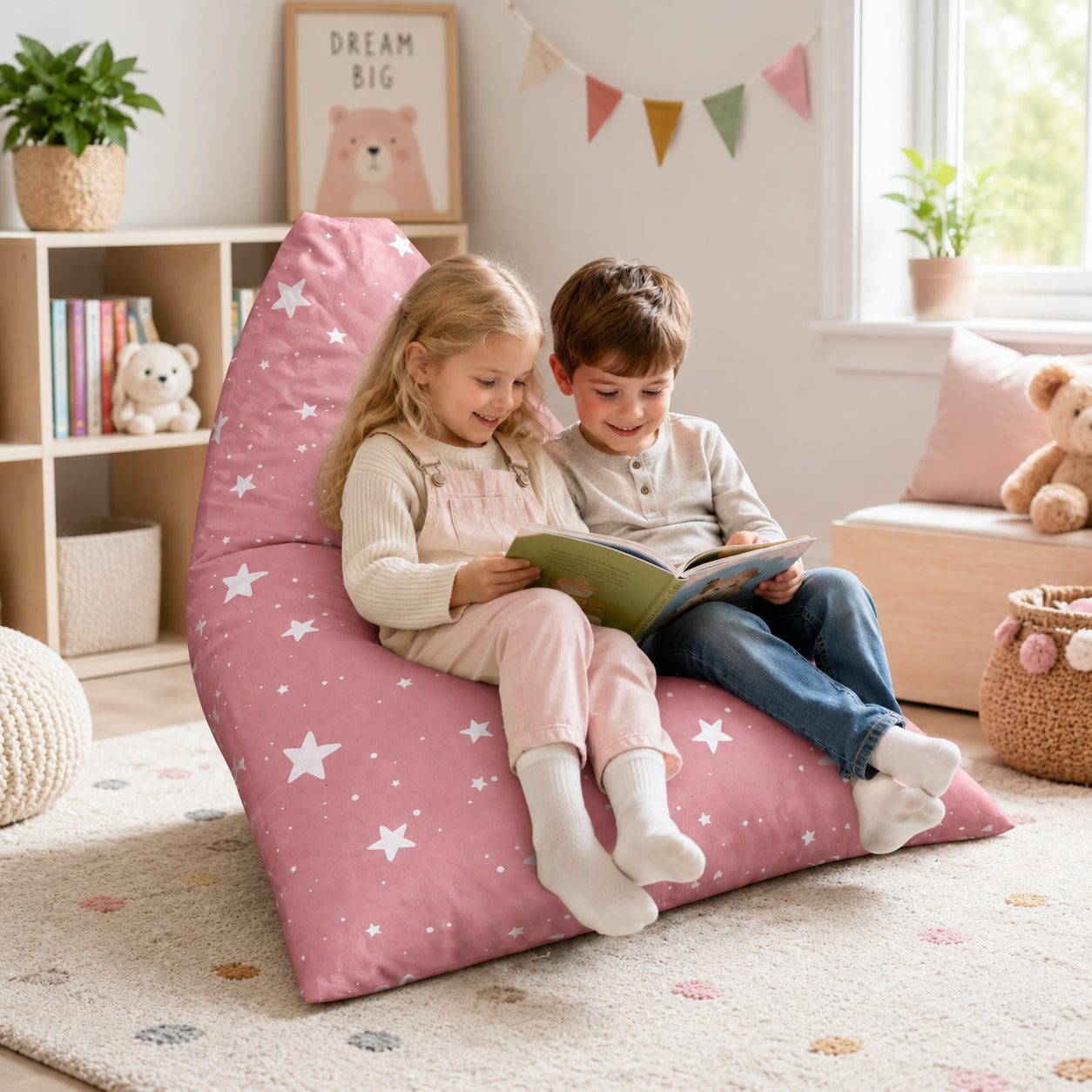 Children's Pouf Lounger GINGER HOME Little Stars, 100% Cotton, Pink Barbaron with Stars, 127x81x76 cm