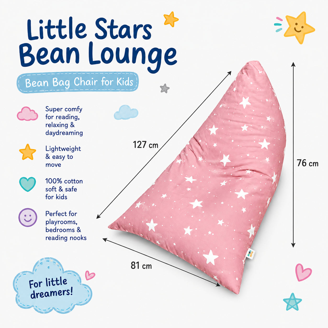 Children's Pouf Lounger GINGER HOME Little Stars, 100% Cotton, Pink Barbaron with Stars, 127x81x76 cm