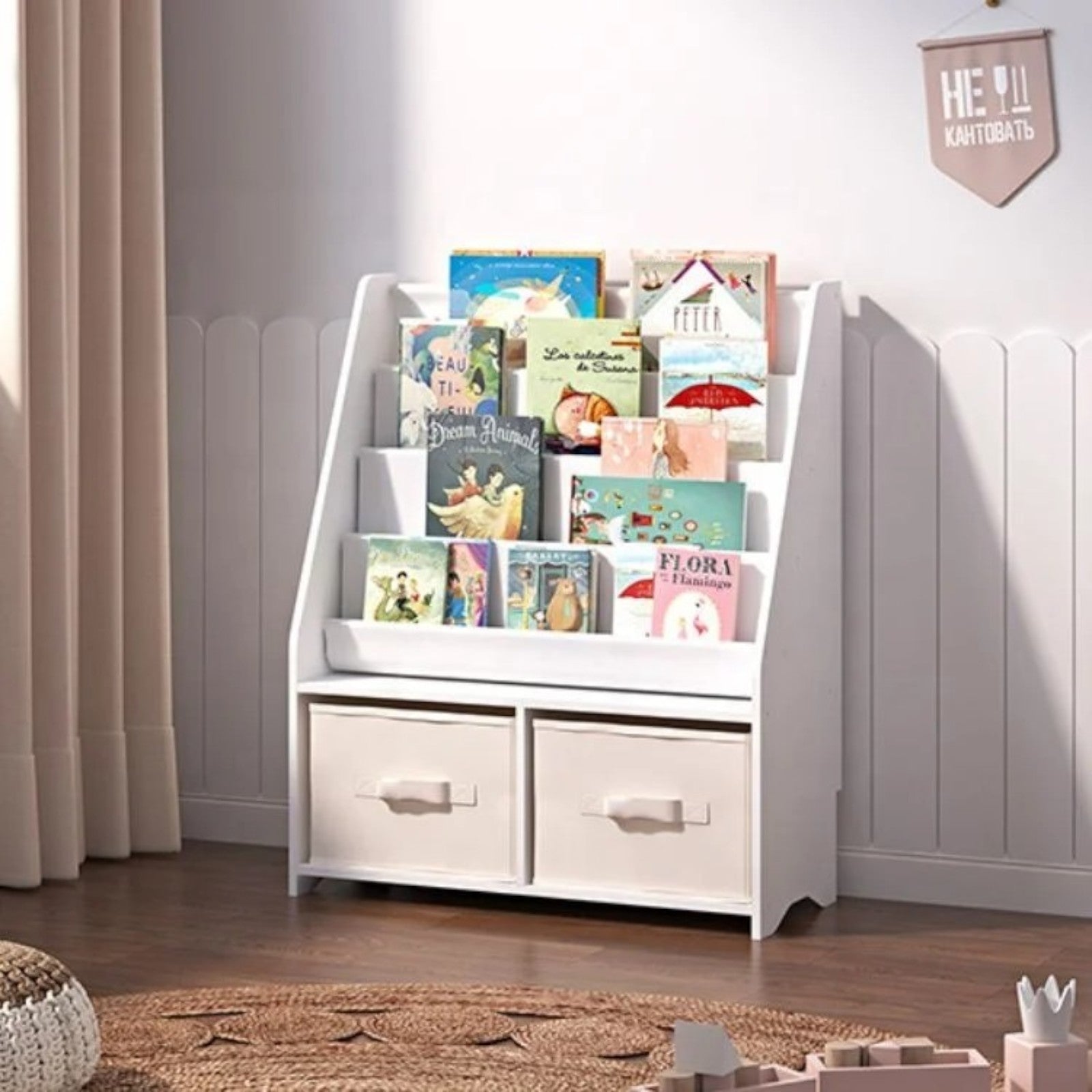 Children's Wooden Organizer with Bookshelf and Toy Storage Boxes