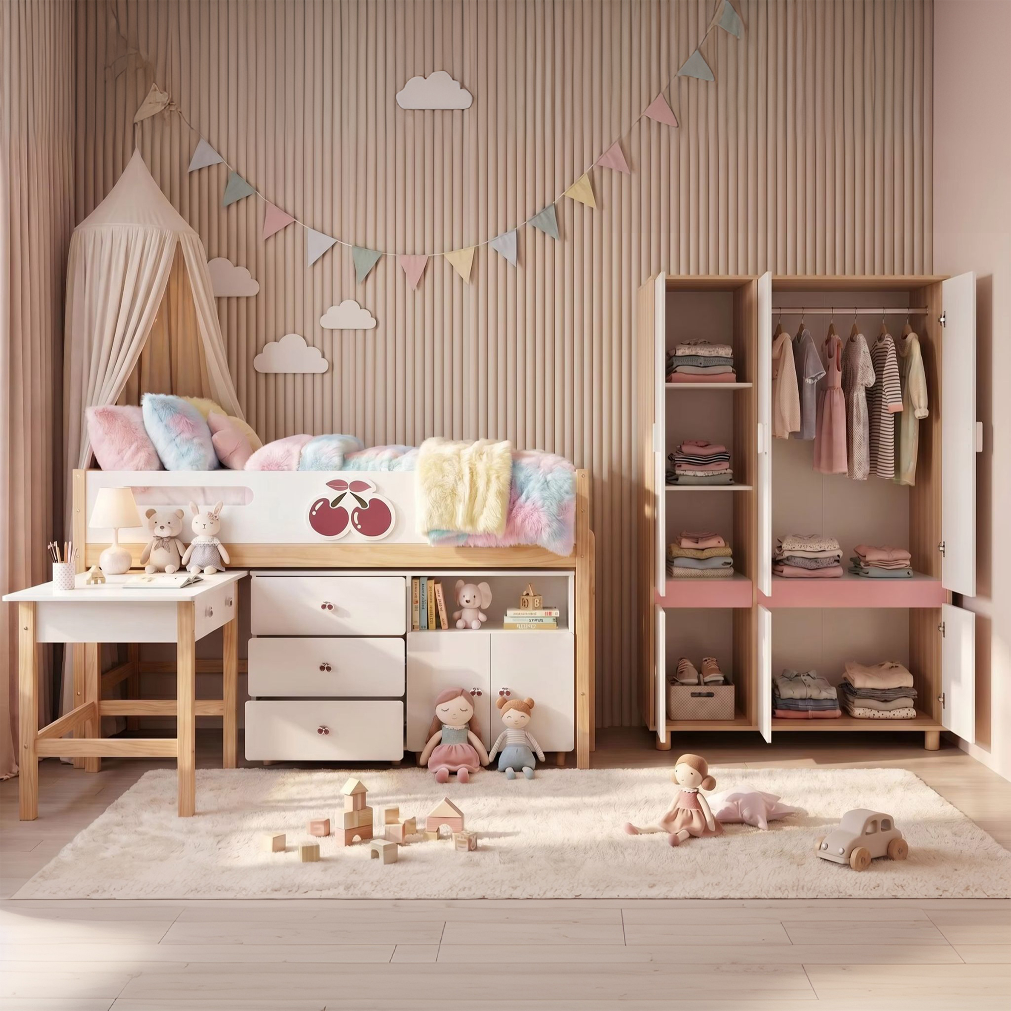 GINGER HOME CHERRY Children's Room Set with Combined Bed 90x200 cm, Desk, Chest of Drawers, Cabinet and Three-Wing Wardrobe, White, Pink and Natural Wood