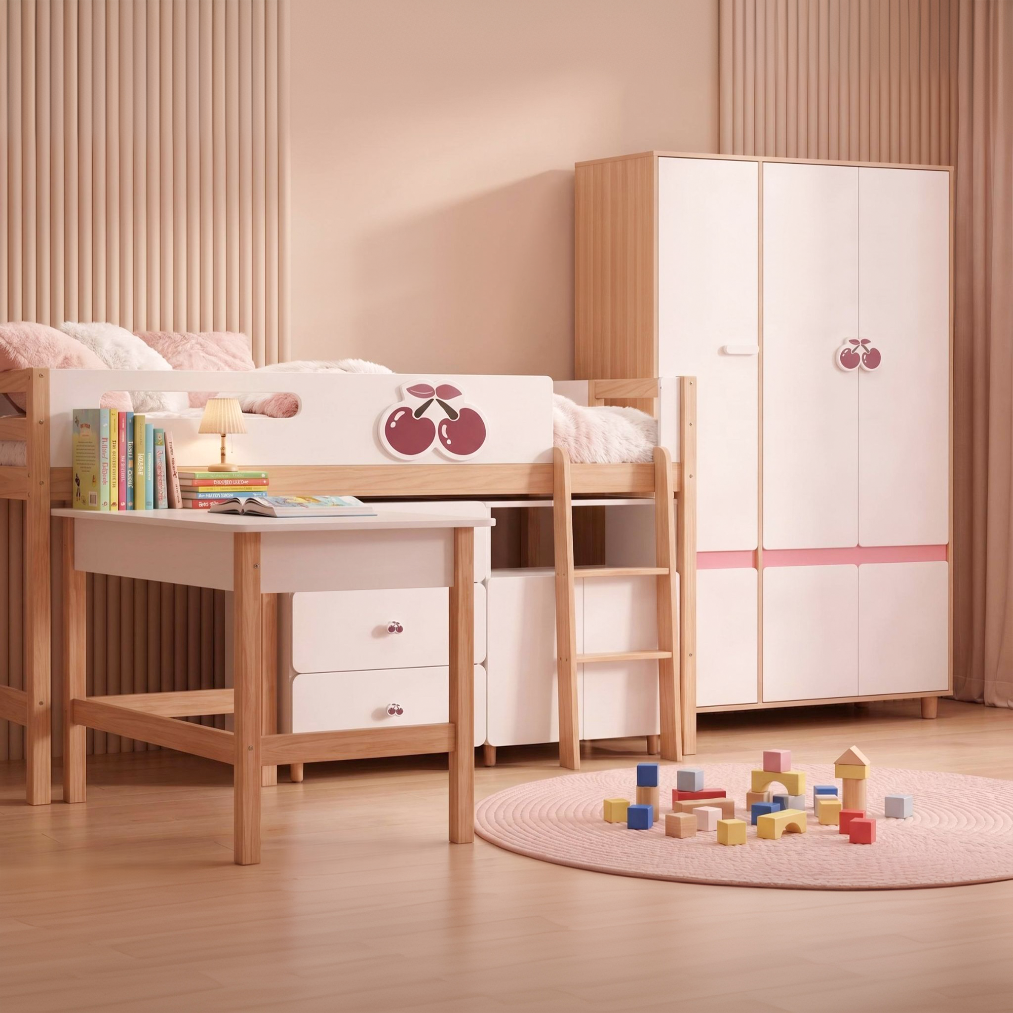 GINGER HOME CHERRY Children's Room Set with Combined Bed 90x200 cm, Desk, Chest of Drawers, Cabinet and Three-Wing Wardrobe, White, Pink and Natural Wood
