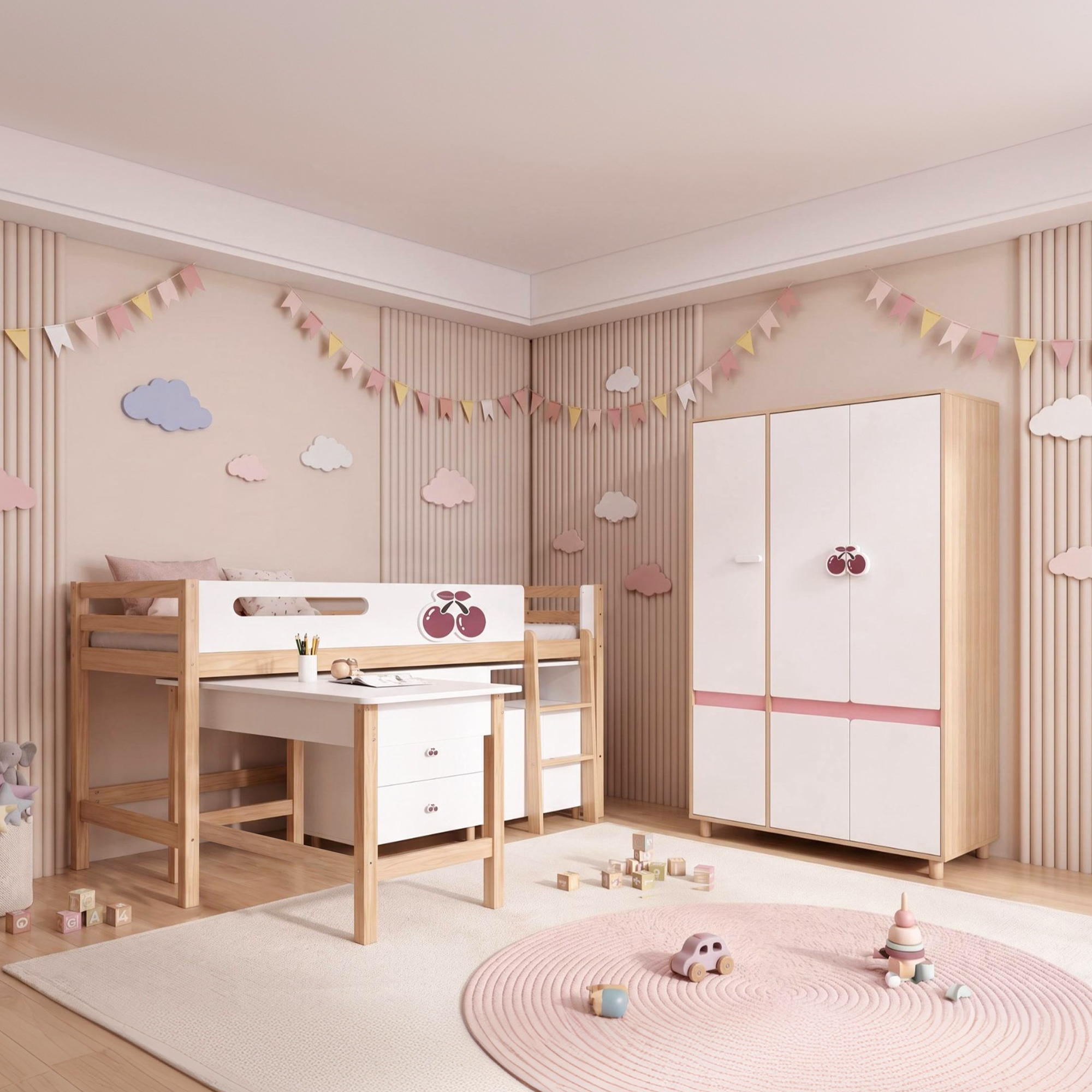 GINGER HOME CHERRY Children's Room Set with Combined Bed 90x200 cm, Desk, Chest of Drawers, Cabinet and Three-Wing Wardrobe, White, Pink and Natural Wood