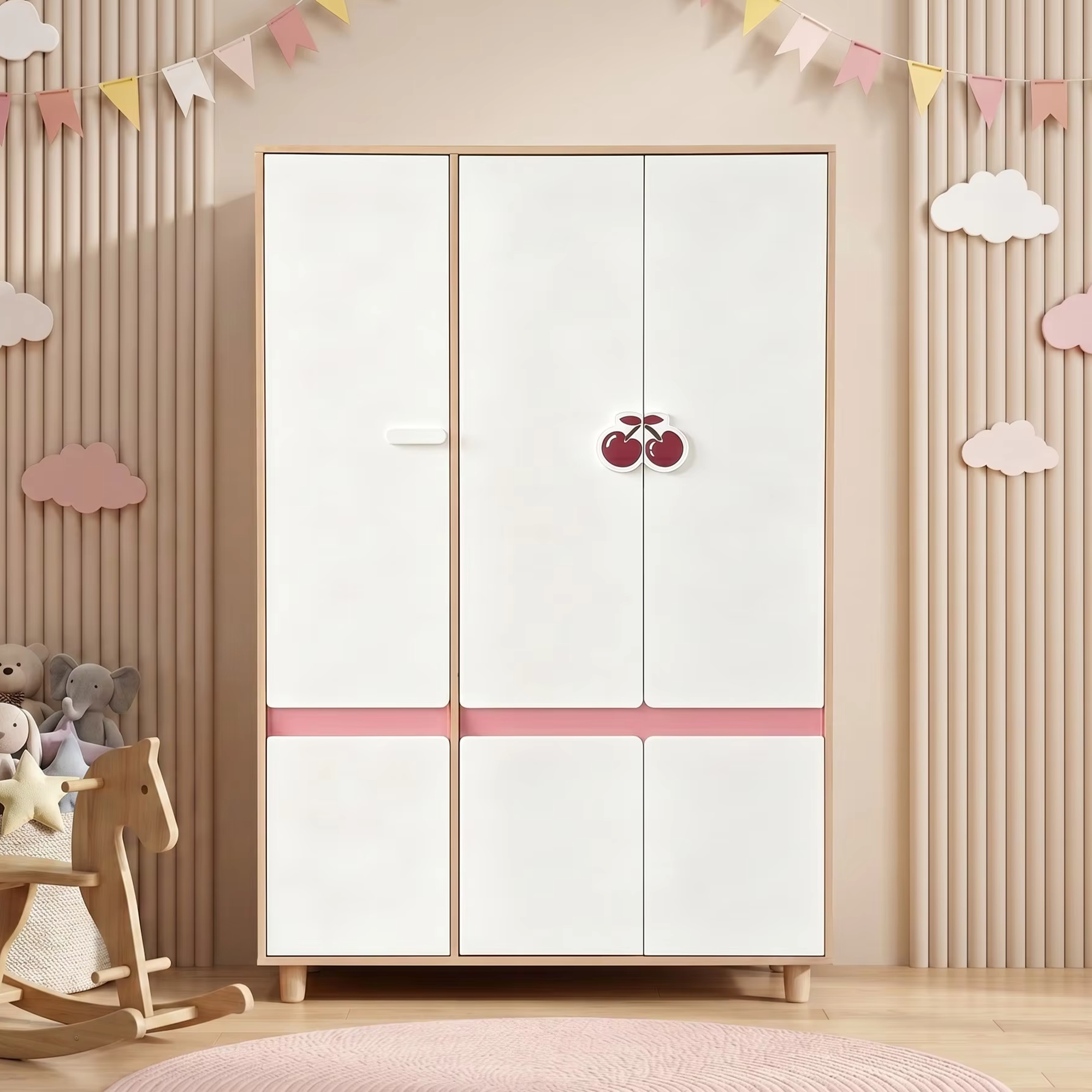 GINGER HOME CHERRY Children's Room Set with Combined Bed 90x200 cm, Desk, Chest of Drawers, Cabinet and Three-Wing Wardrobe, White, Pink and Natural Wood