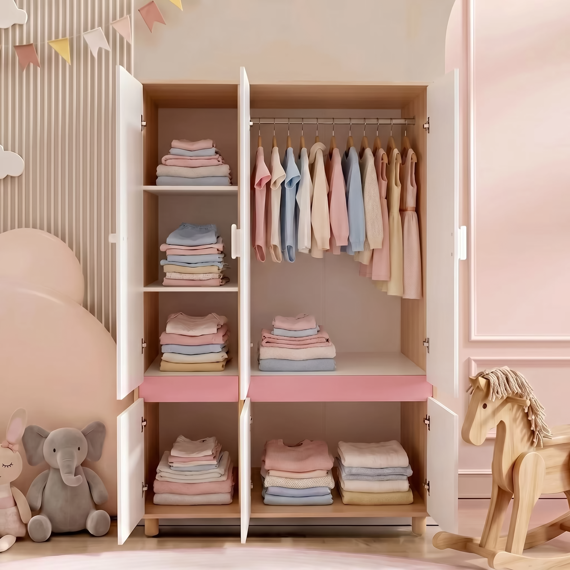 GINGER HOME CHERRY Children's Room Set with Combined Bed 90x200 cm, Desk, Chest of Drawers, Cabinet and Three-Wing Wardrobe, White, Pink and Natural Wood