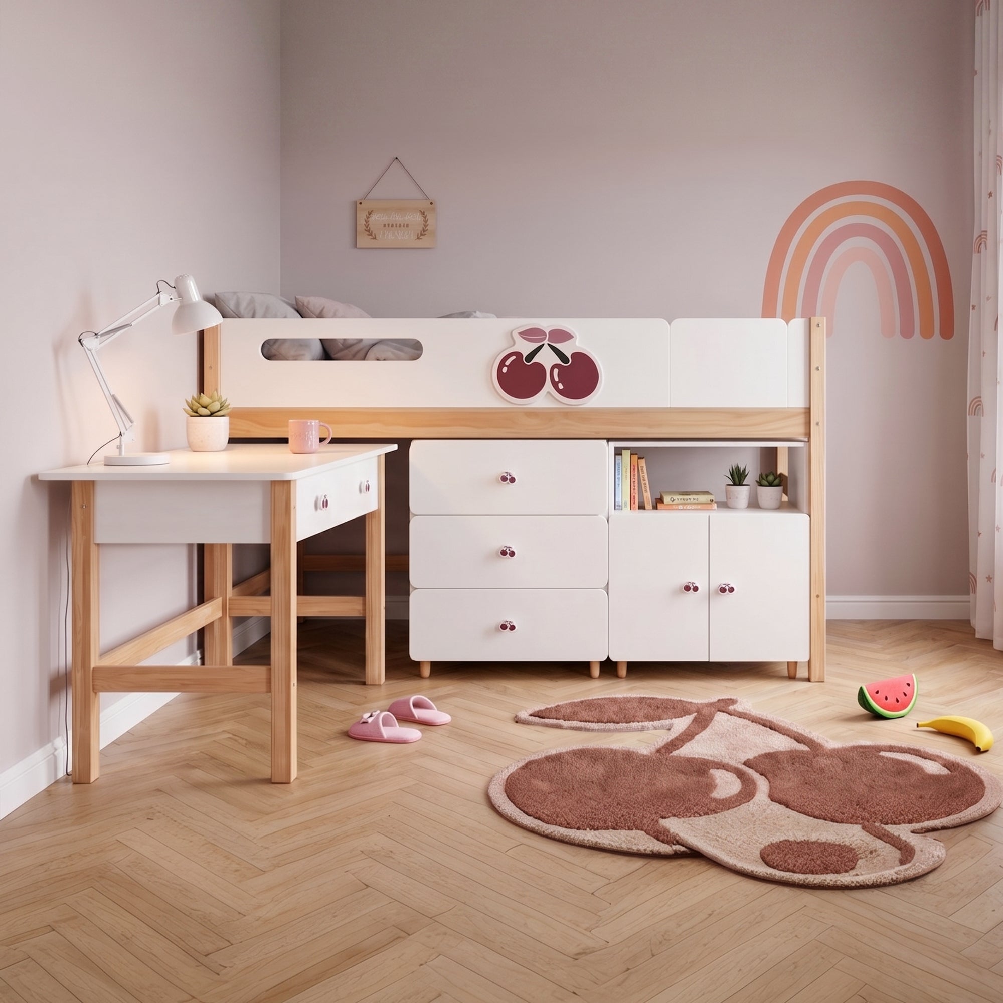 GINGER HOME CHERRY Children's Room Set with Combined Bed 90x200 cm, Desk, Chest of Drawers, Cabinet and Three-Wing Wardrobe, White, Pink and Natural Wood