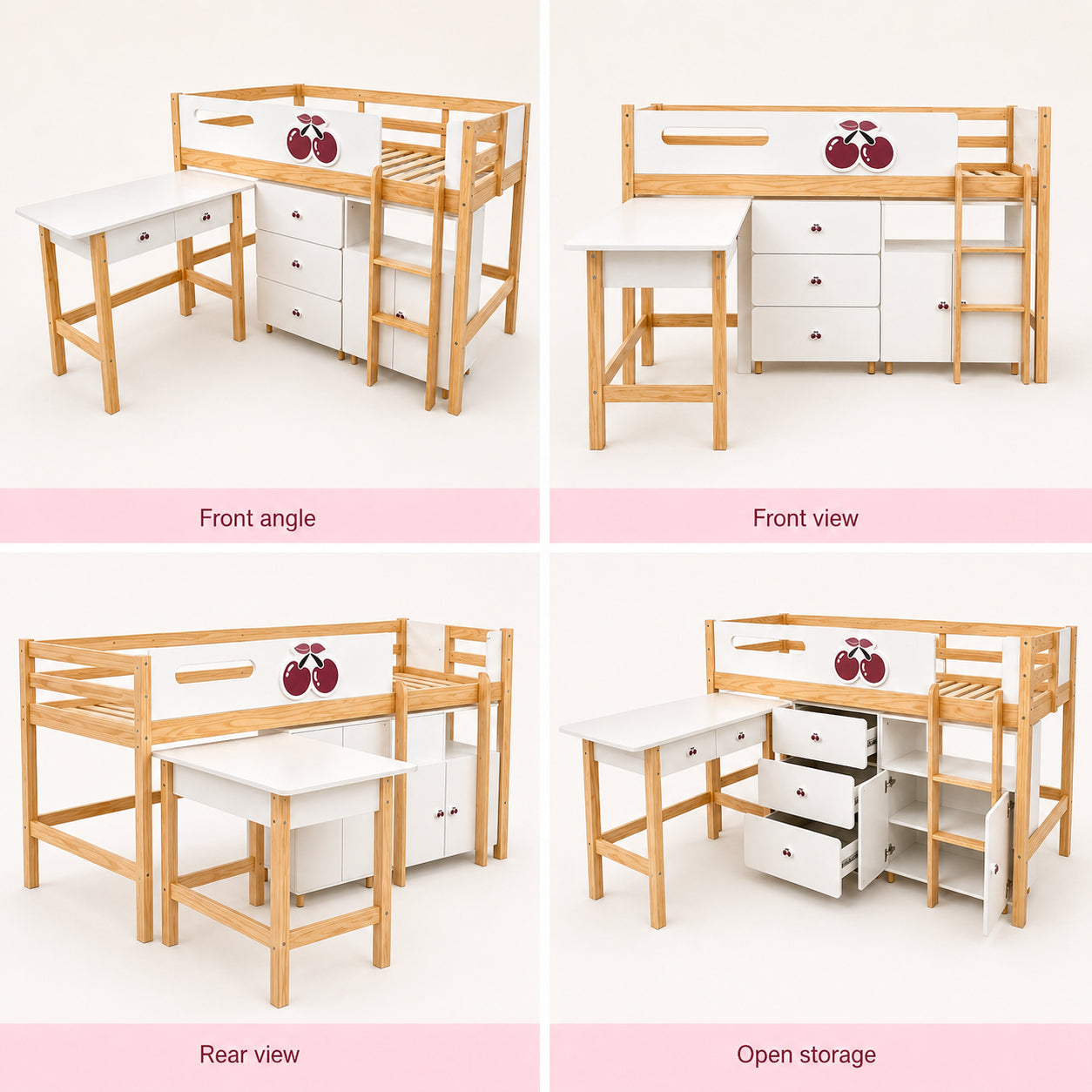 GINGER HOME CHERRY Children's Room Set with Combined Bed 90x200 cm, Desk, Chest of Drawers, Cabinet and Three-Wing Wardrobe, White, Pink and Natural Wood