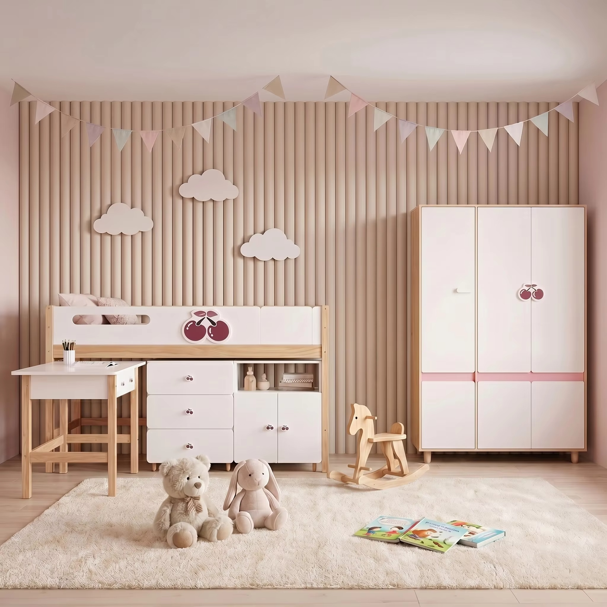 GINGER HOME CHERRY Children's Room Set with Combined Bed 90x200 cm, Desk, Chest of Drawers, Cabinet and Three-Wing Wardrobe, White, Pink and Natural Wood