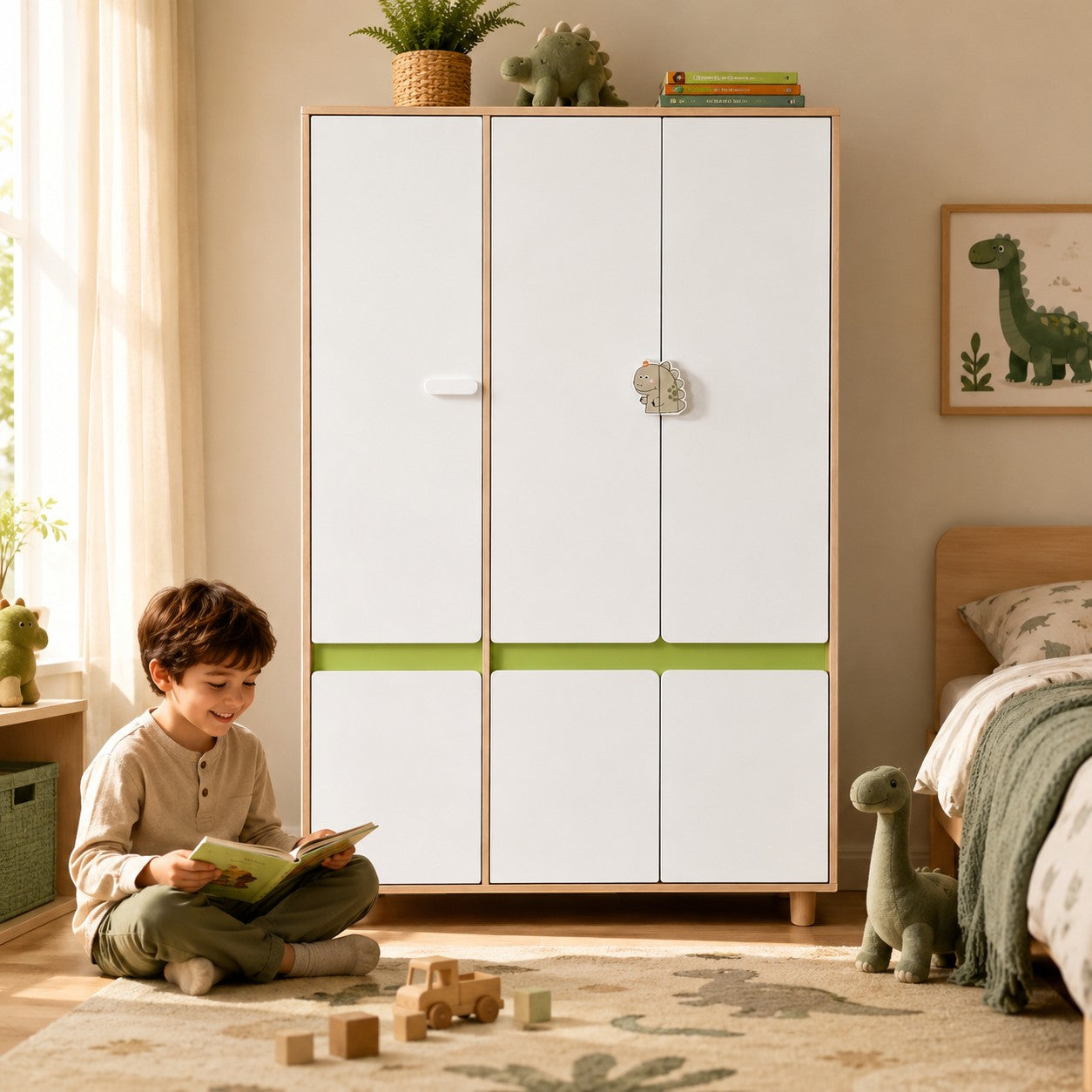 GINGER HOME DINO Children's Room Furniture Set with Combined Bed 90x200 cm, Wardrobe, Cabinets, Chest of Drawers, Shelves and Mattress Frame, White, Green and Natural Wood