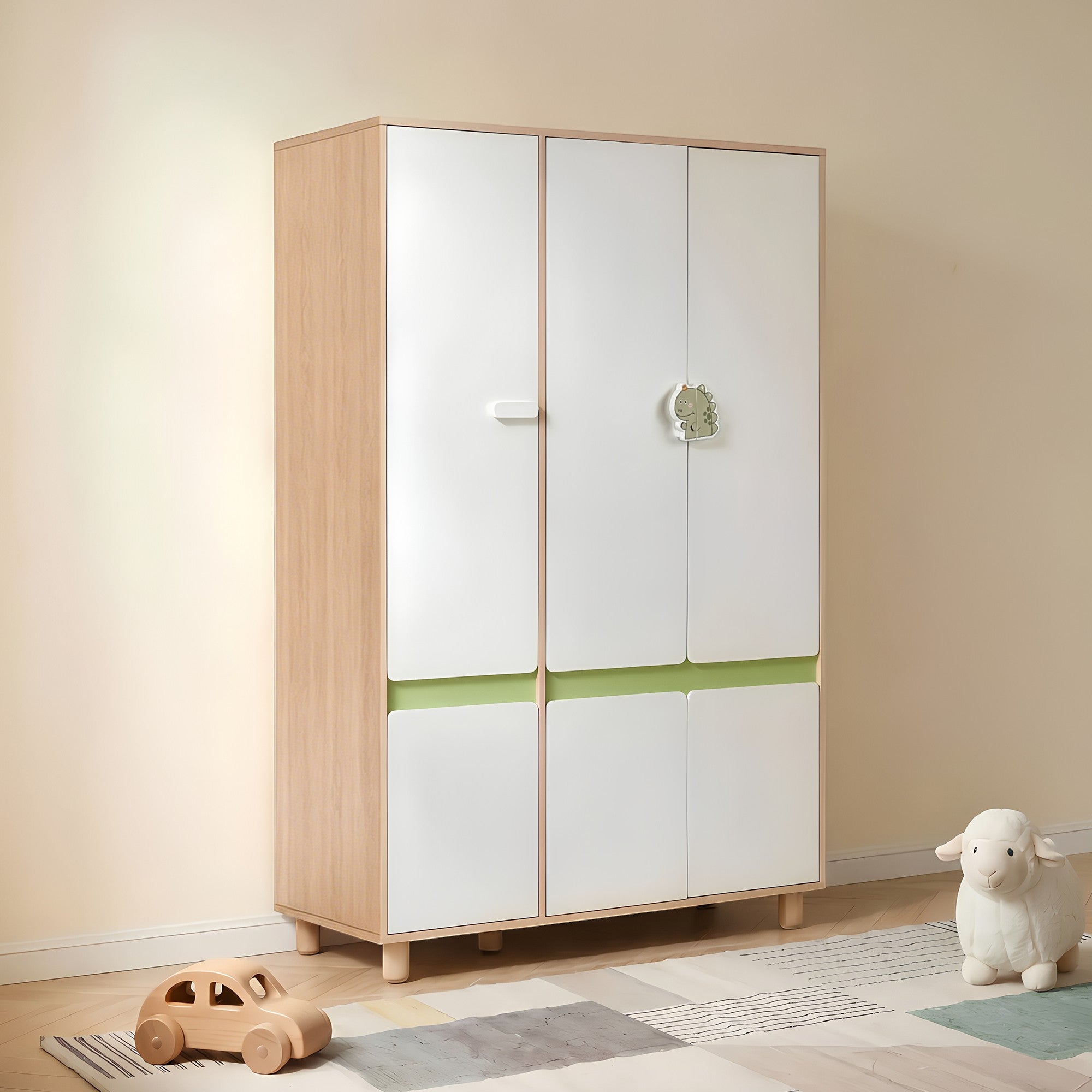 GINGER HOME DINO Children's Room Furniture Set with Combined Bed 90x200 cm, Wardrobe, Cabinets, Chest of Drawers, Shelves and Mattress Frame, White, Green and Natural Wood