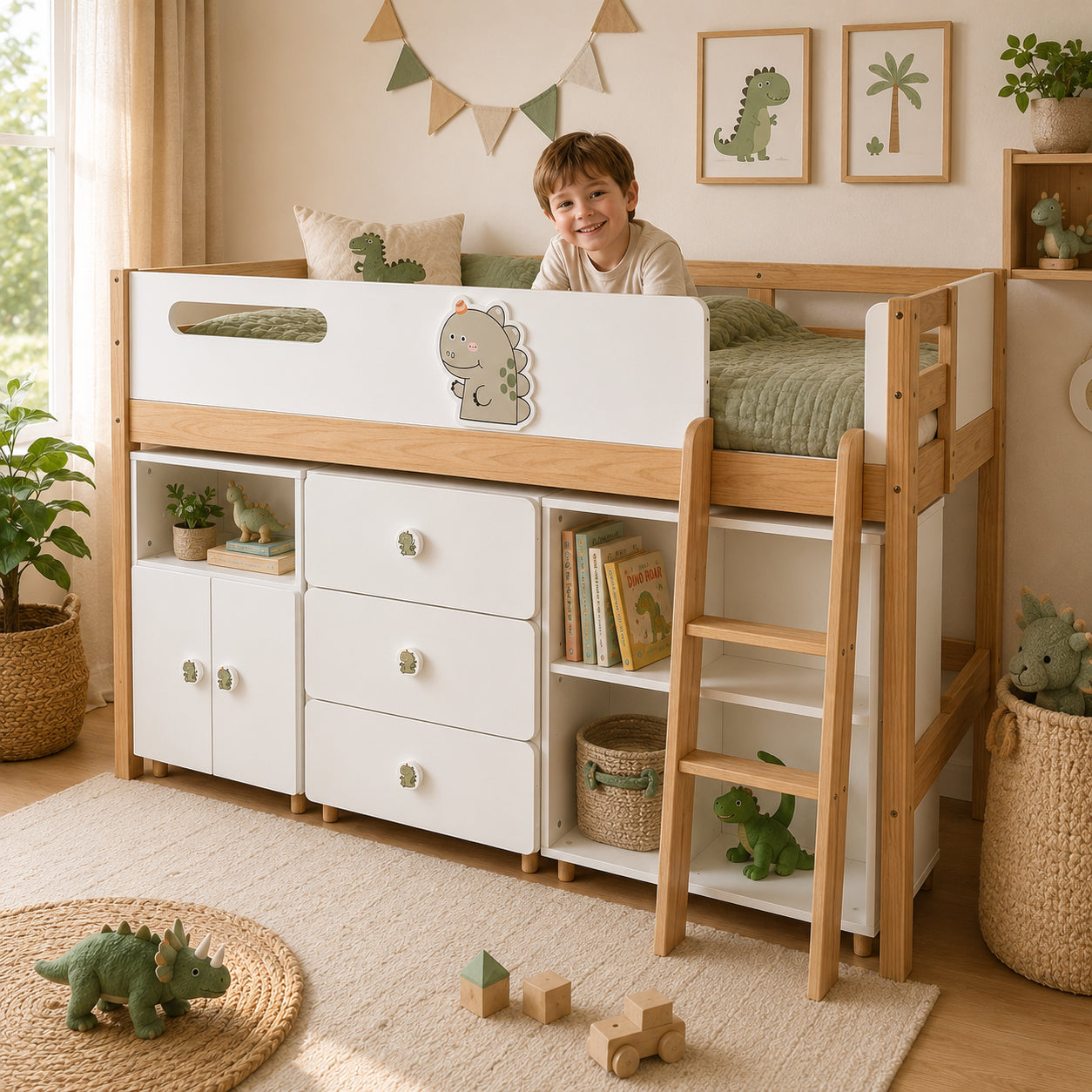 GINGER HOME DINO Children's Room Furniture Set with Combined Bed 90x200 cm, Wardrobe, Cabinets, Chest of Drawers, Shelves and Mattress Frame, White, Green and Natural Wood