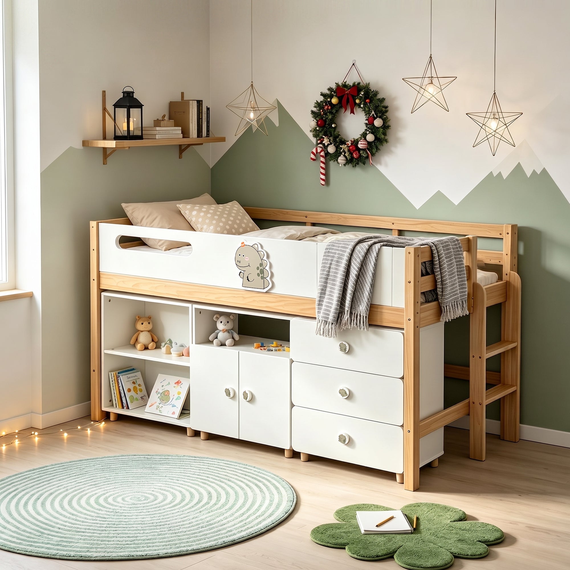 GINGER HOME DINO Children's Room Furniture Set with Combined Bed 90x200 cm, Wardrobe, Cabinets, Chest of Drawers, Shelves and Mattress Frame, White, Green and Natural Wood