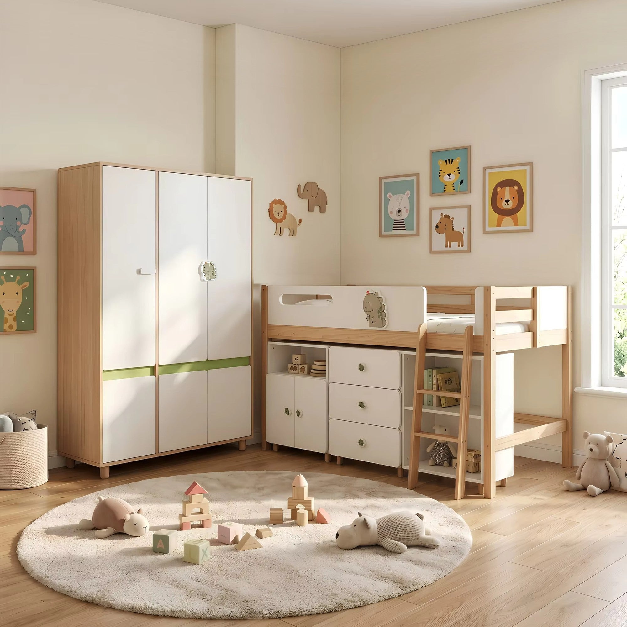 GINGER HOME DINO Children's Room Furniture Set with Combined Bed 90x200 cm, Wardrobe, Cabinets, Chest of Drawers, Shelves and Mattress Frame, White, Green and Natural Wood
