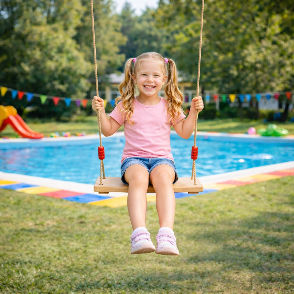 GINGER HOME Children's Wooden Swing for Yard with Ropes – Natural Wood, 33 cm