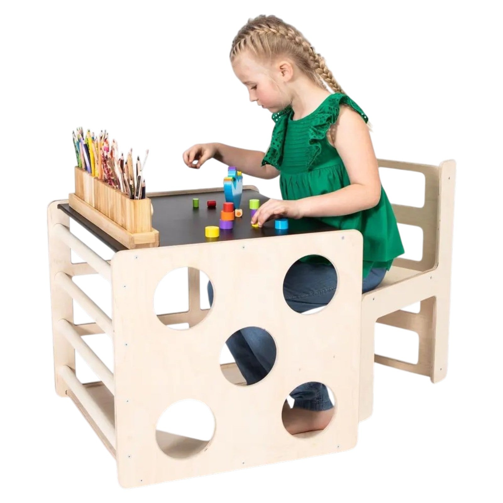 Montessori Set 2 in 1 GINGER HOME, Children's Table with Chair and Climbing Cube, Active Play Table, Natural Wood, 57x50x55 cm