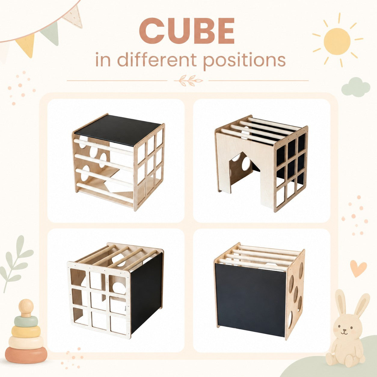 Montessori Set 2 in 1 GINGER HOME, Children's Table with Chair and Climbing Cube, Active Play Table, Natural Wood, 57x50x55 cm