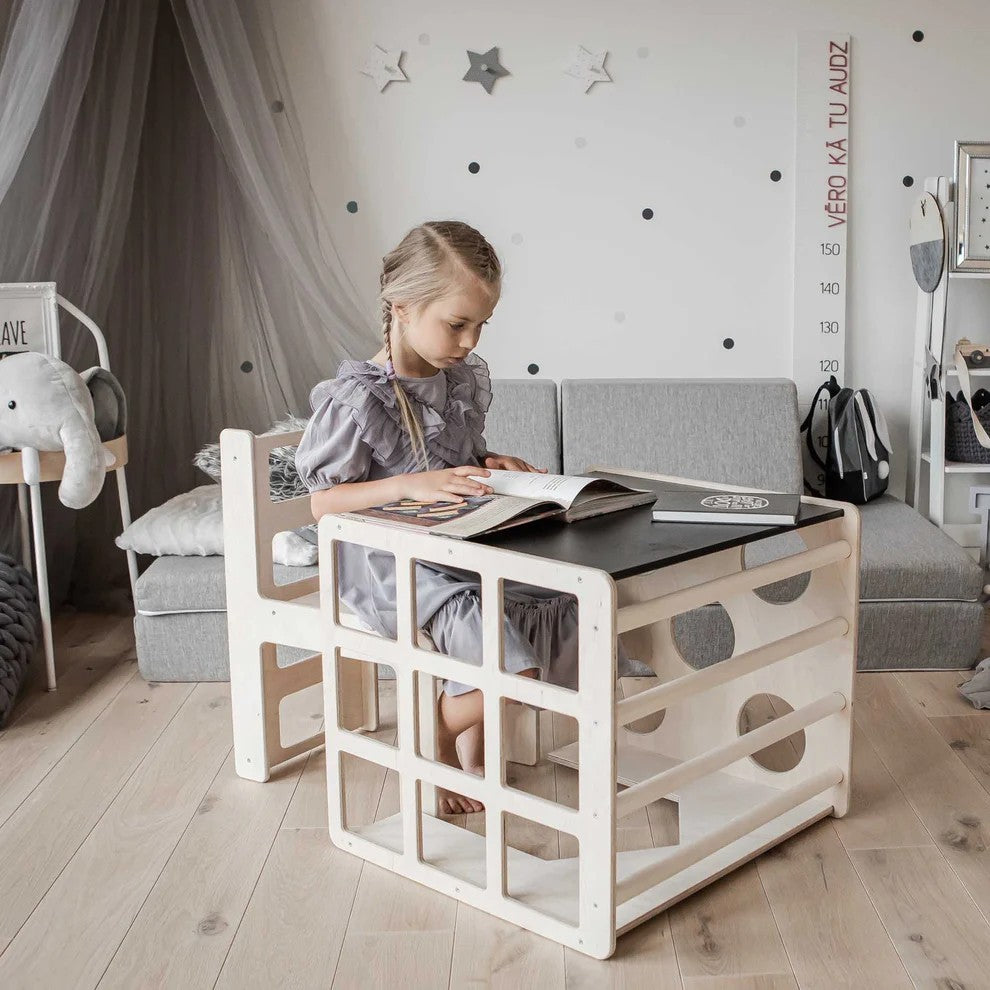 Montessori Set 2 in 1 GINGER HOME, Children's Table with Chair and Climbing Cube, Active Play Table, Natural Wood, 57x50x55 cm
