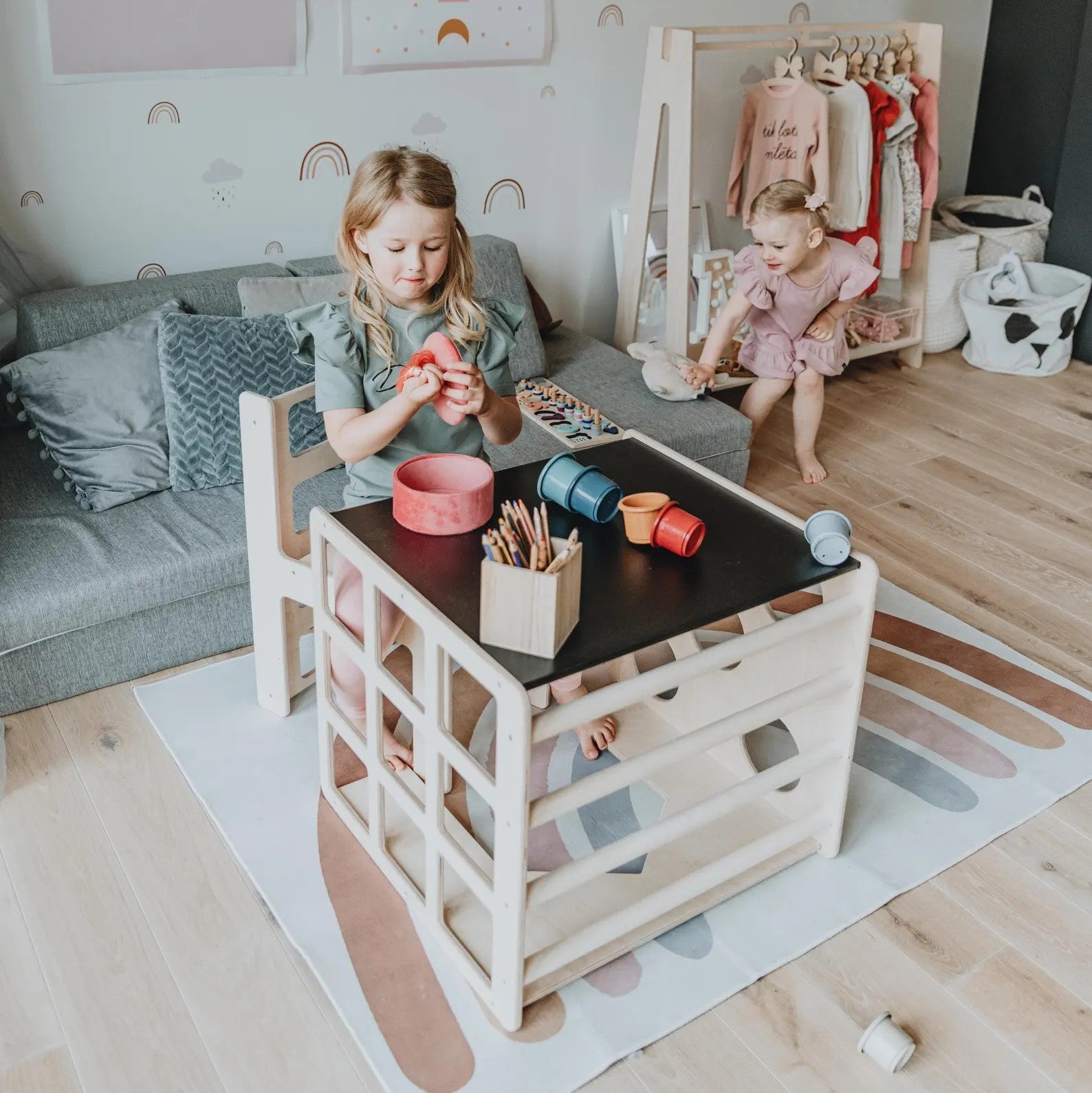 Montessori Set 2 in 1 GINGER HOME, Children's Table with Chair and Climbing Cube, Active Play Table, Natural Wood, 57x50x55 cm